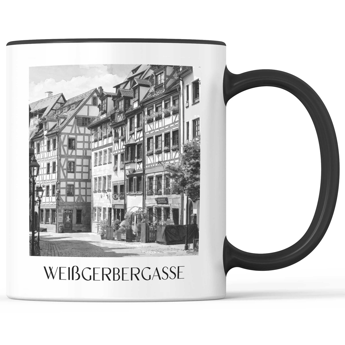 Weißgerbergasse Kaffeebecher - Nürnberg - Deutschland Becher - Kaffeetasse im Aquarell Schwarz-Weiß Stil - favplace