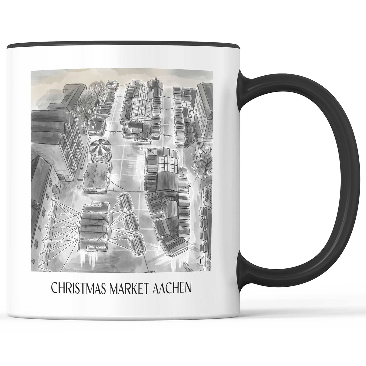 Weihnachtsmarkt Kaffeebecher - Aachen - Deutschland Becher - Kaffeetasse im Aquarell Schwarz-Weiß Stil - favplace