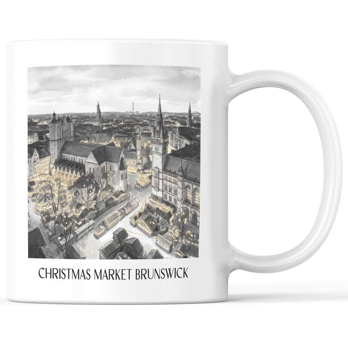 Weihnachtsmarkt Kaffeebecher - Braunschweig - Deutschland Becher - Kaffeetasse im Aquarell Schwarz-Weiß Stil - favplace