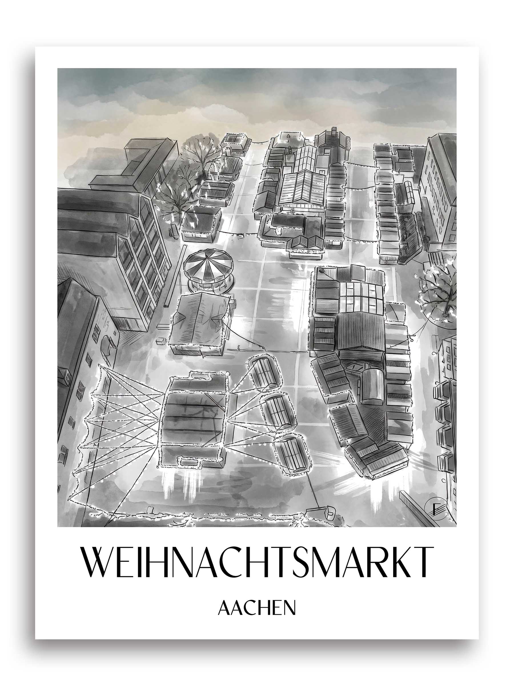 weihnachtsmarkt-aachen-deutschland-poster-aquarell-schwarz-weiss