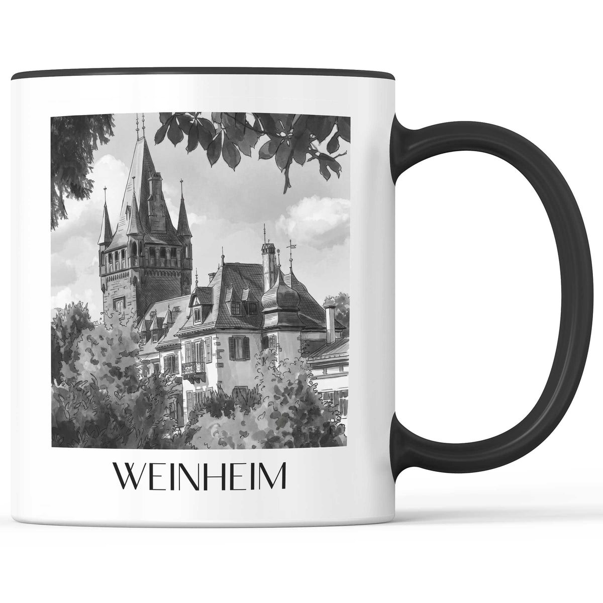 Weinheim Kaffeebecher - Odenwald - Deutschland Becher - Kaffeetasse im Aquarell Schwarz-Weiß Stil - favplace