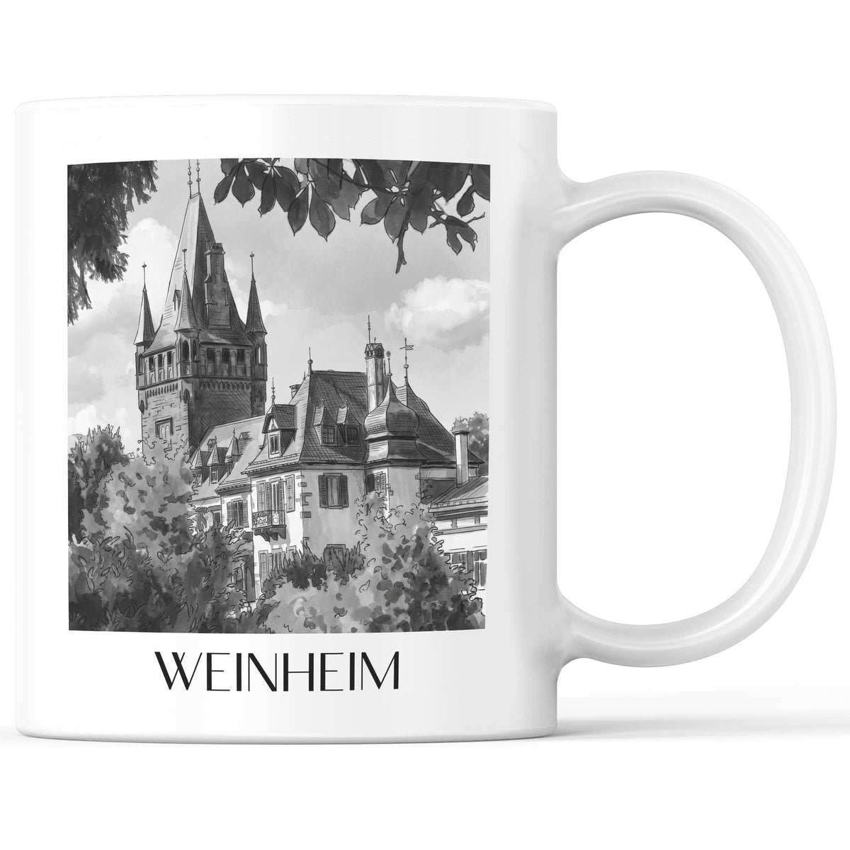 Weinheim Kaffeebecher - Odenwald - Deutschland Becher - Kaffeetasse im Aquarell Schwarz-Weiß Stil - favplace