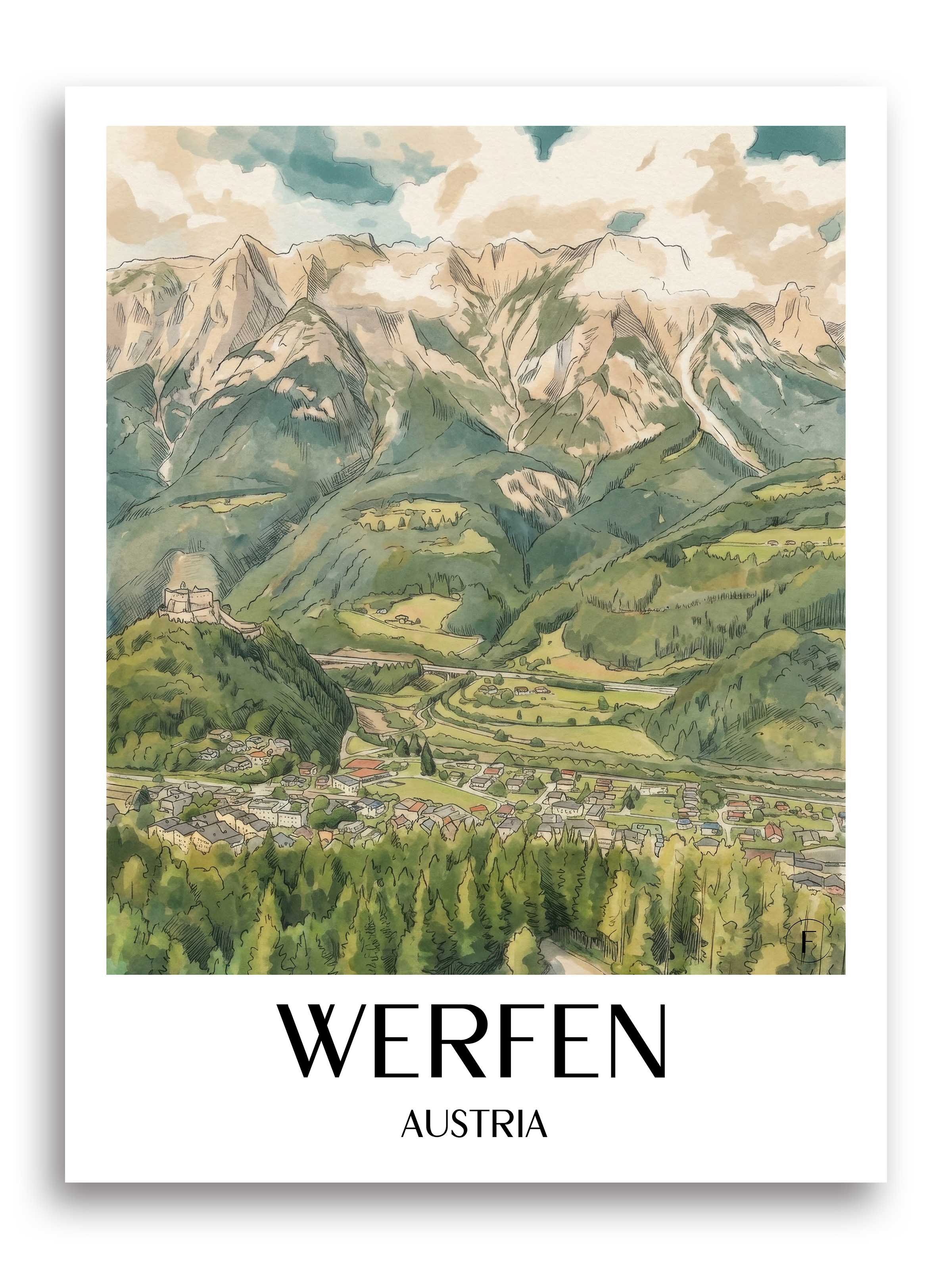 Werfen Poster - Österreich - Österreich Kunstdruck - Aquarell von A4 bis A1 - favplace