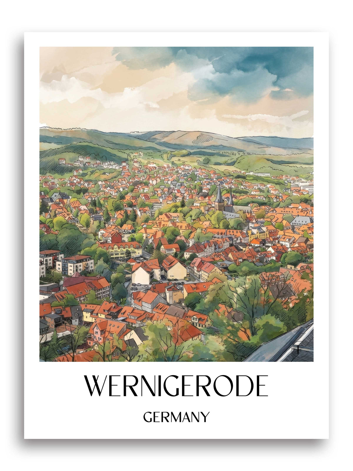 Wernigerode Poster - Nordharz - Deutschland Kunstdruck - Aquarell von A4 bis A1 - favplace