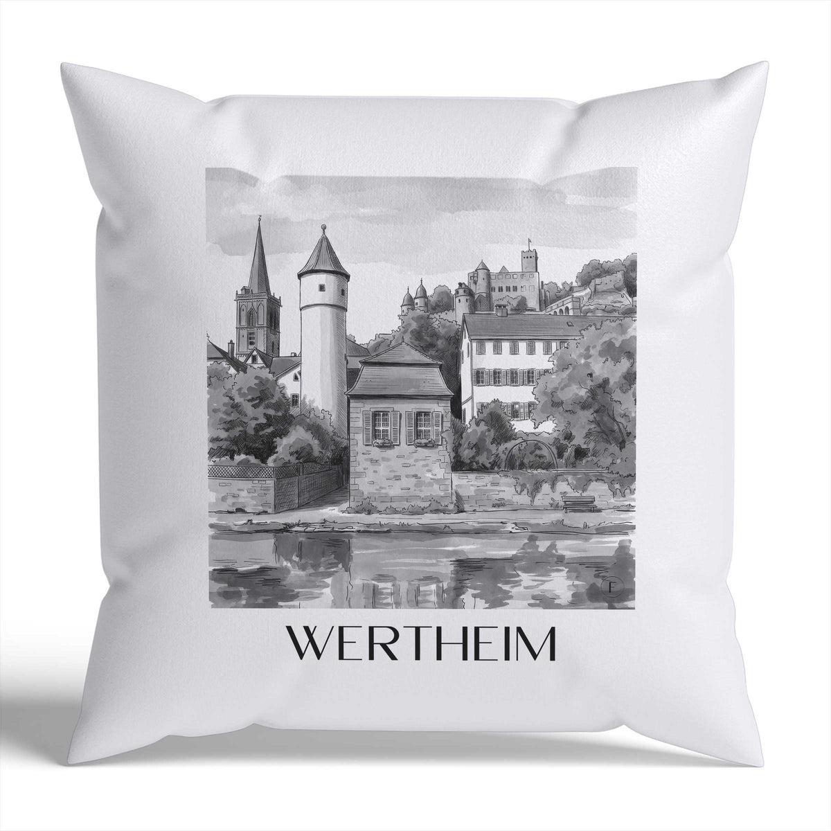 wertheim-main-tauber-tal-deutschland-kissenbezug-aquarell-schwarz-weiss