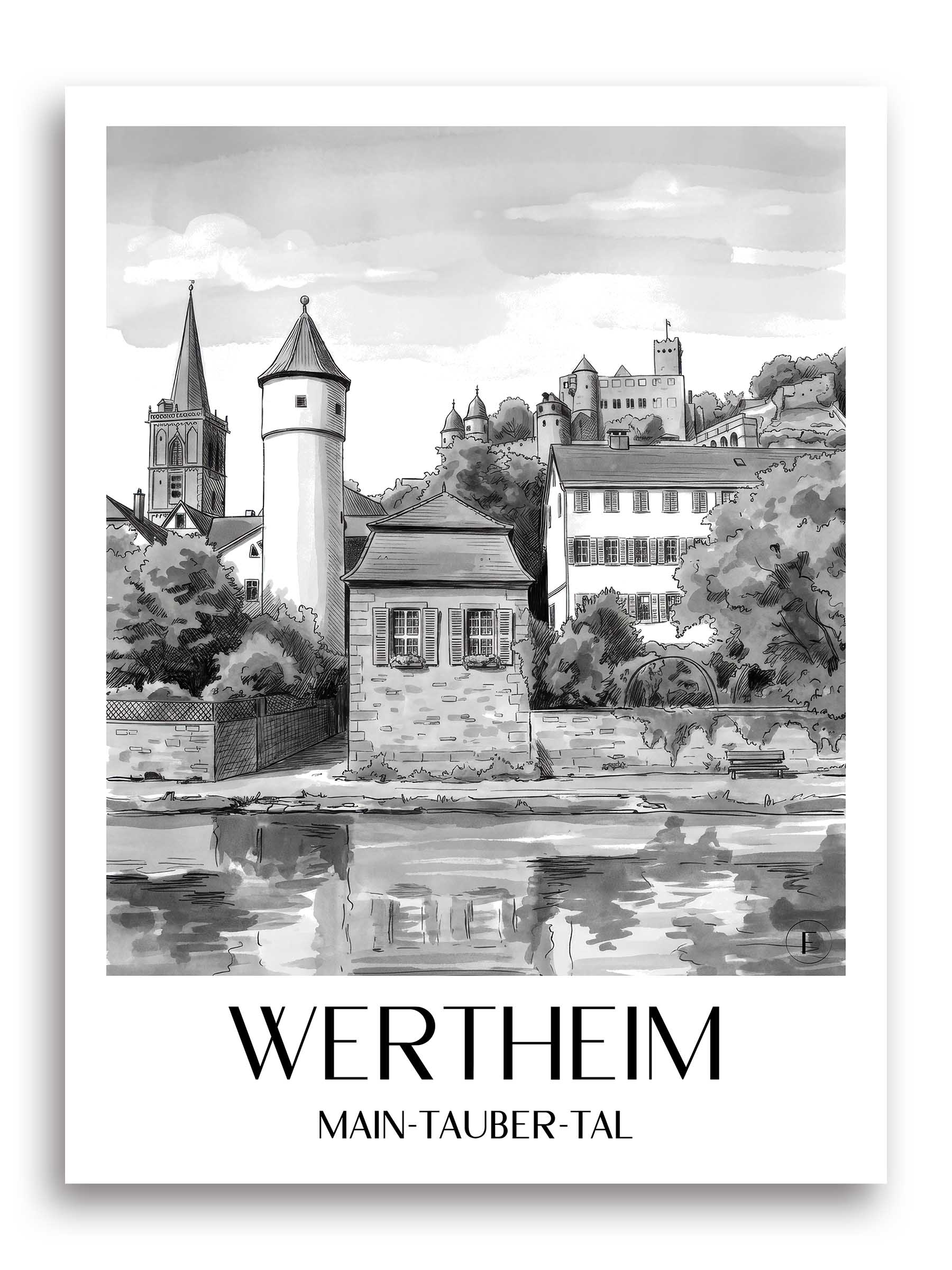 wertheim-main-tauber-tal-deutschland-poster-aquarell-schwarz-weiss