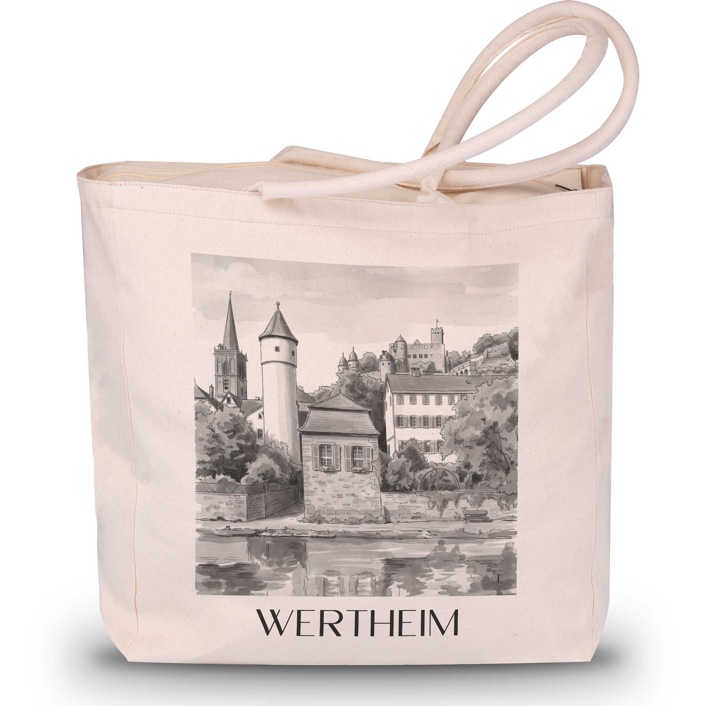 wertheim-main-tauber-tal-deutschland-einkaufstasche-aquarell-schwarz-weiss