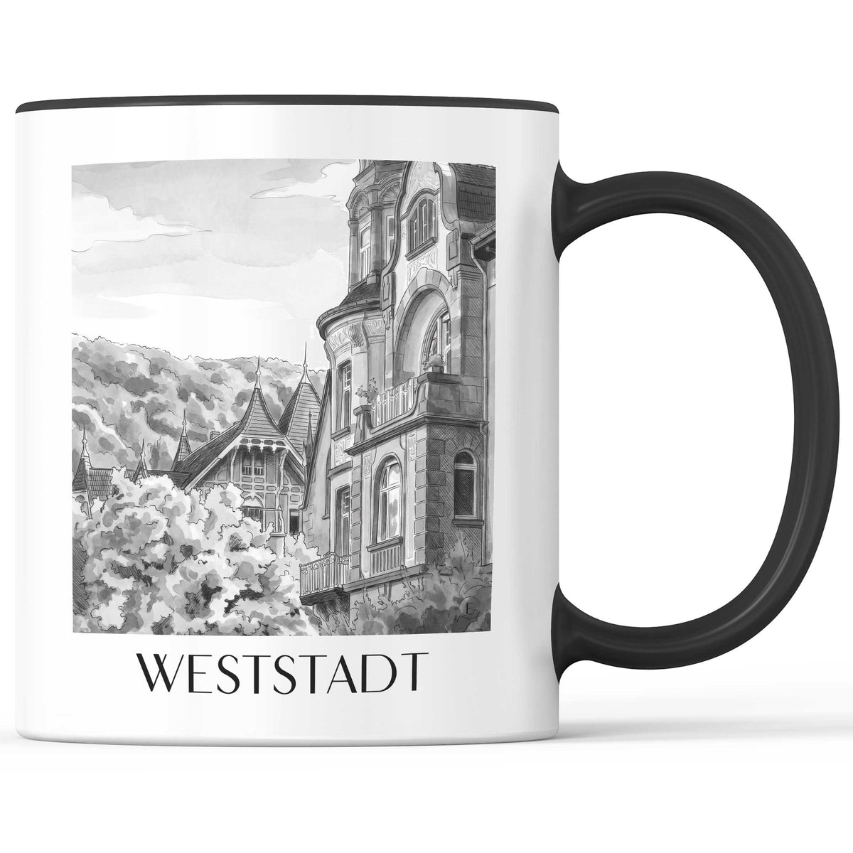 Weststadt Kaffeebecher - Heidelberg - Deutschland Becher - Kaffeetasse im Aquarell Schwarz-Weiß Stil - favplace