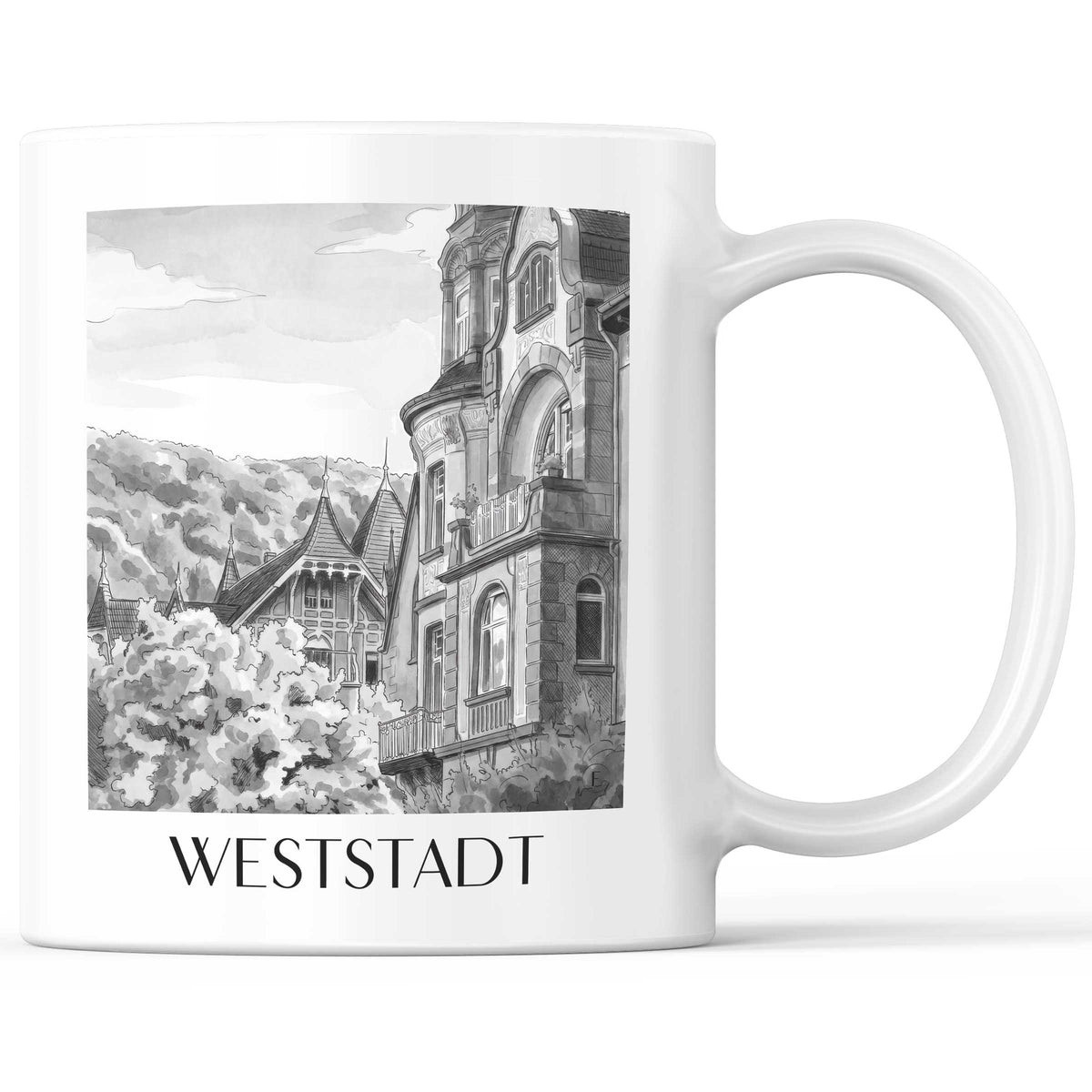 Weststadt Kaffeebecher - Heidelberg - Deutschland Becher - Kaffeetasse im Aquarell Schwarz-Weiß Stil - favplace