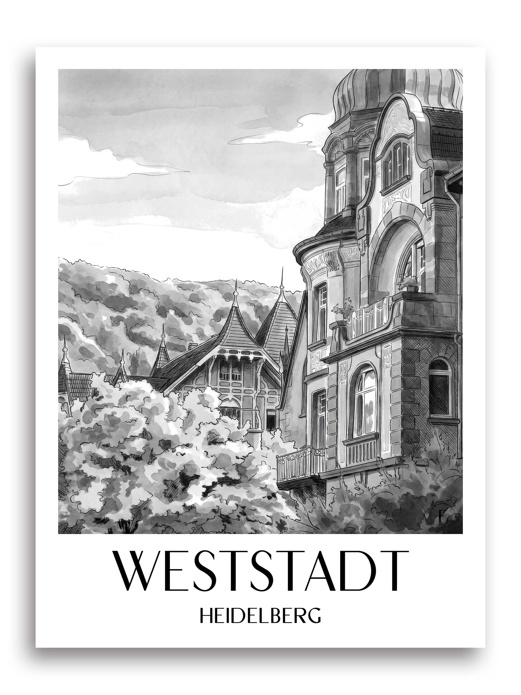 Weststadt Poster - Heidelberg - Deutschland Kunstdruck - Aquarell Schwarz-Weiß von A4 bis A1