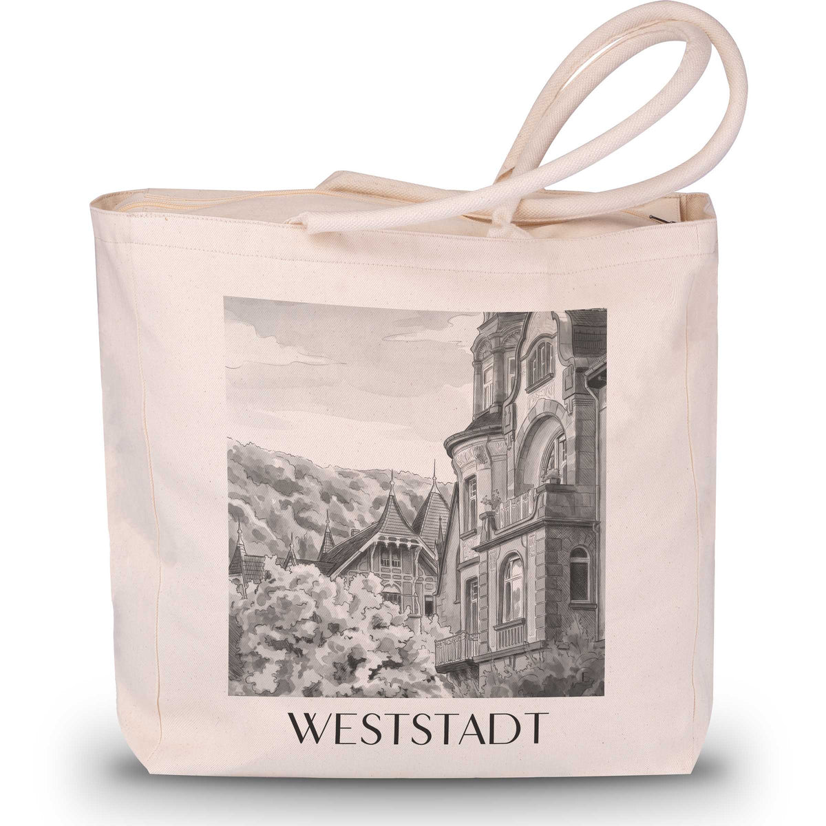 Weststadt Shopping Tasche - Heidelberg - Deutschland Tote Bag - Einkaufstasche im Aquarell Schwarz-Weiß Stil - favplace
