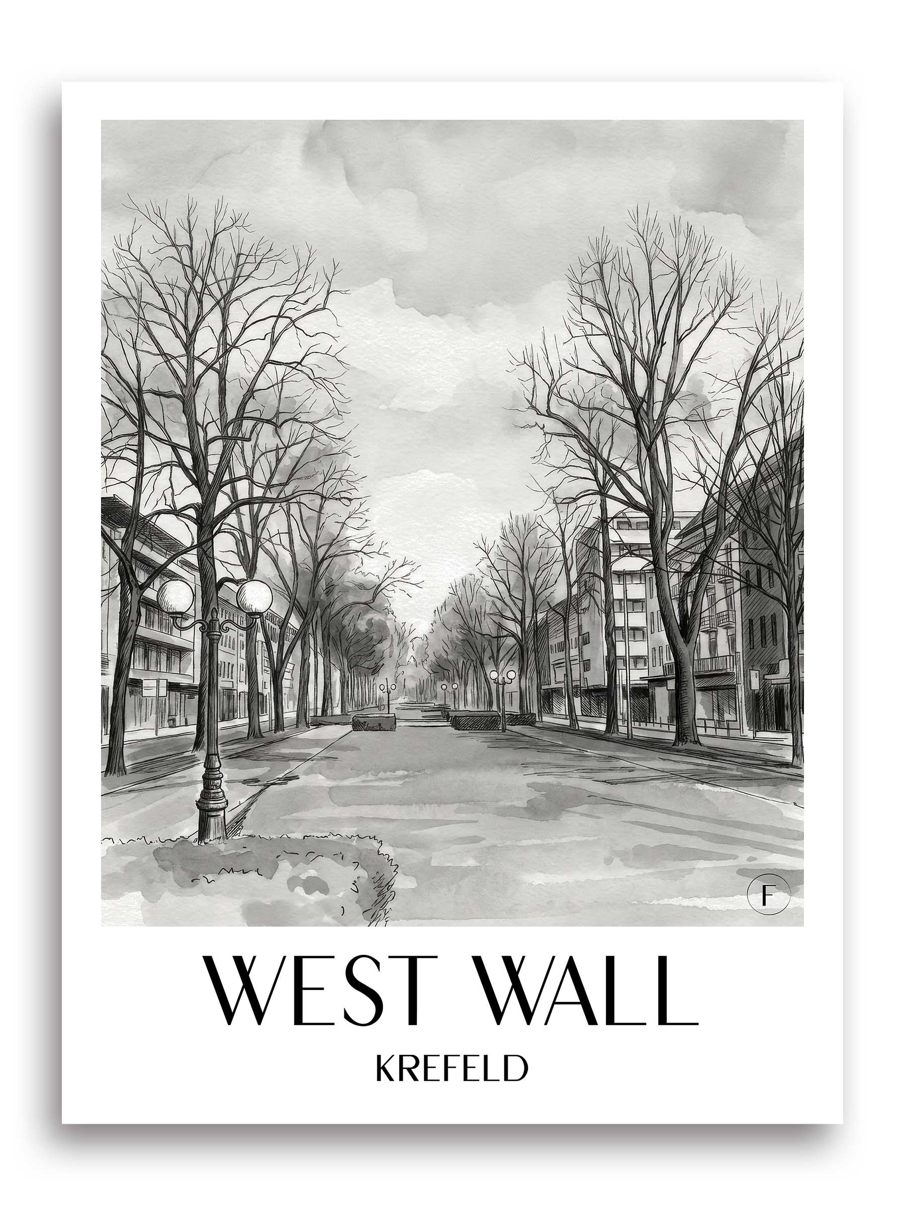Westwall Poster - Krefeld - Deutschland Kunstdruck - Aquarell Schwarz-Weiß von A4 bis A1 - favplace
