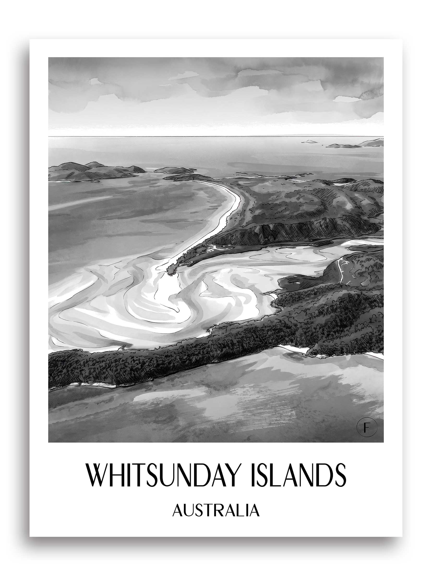 Whitsunday Inseln Poster - - Australien Kunstdruck - Aquarell Schwarz-Weiß von A4 bis A1 - favplace