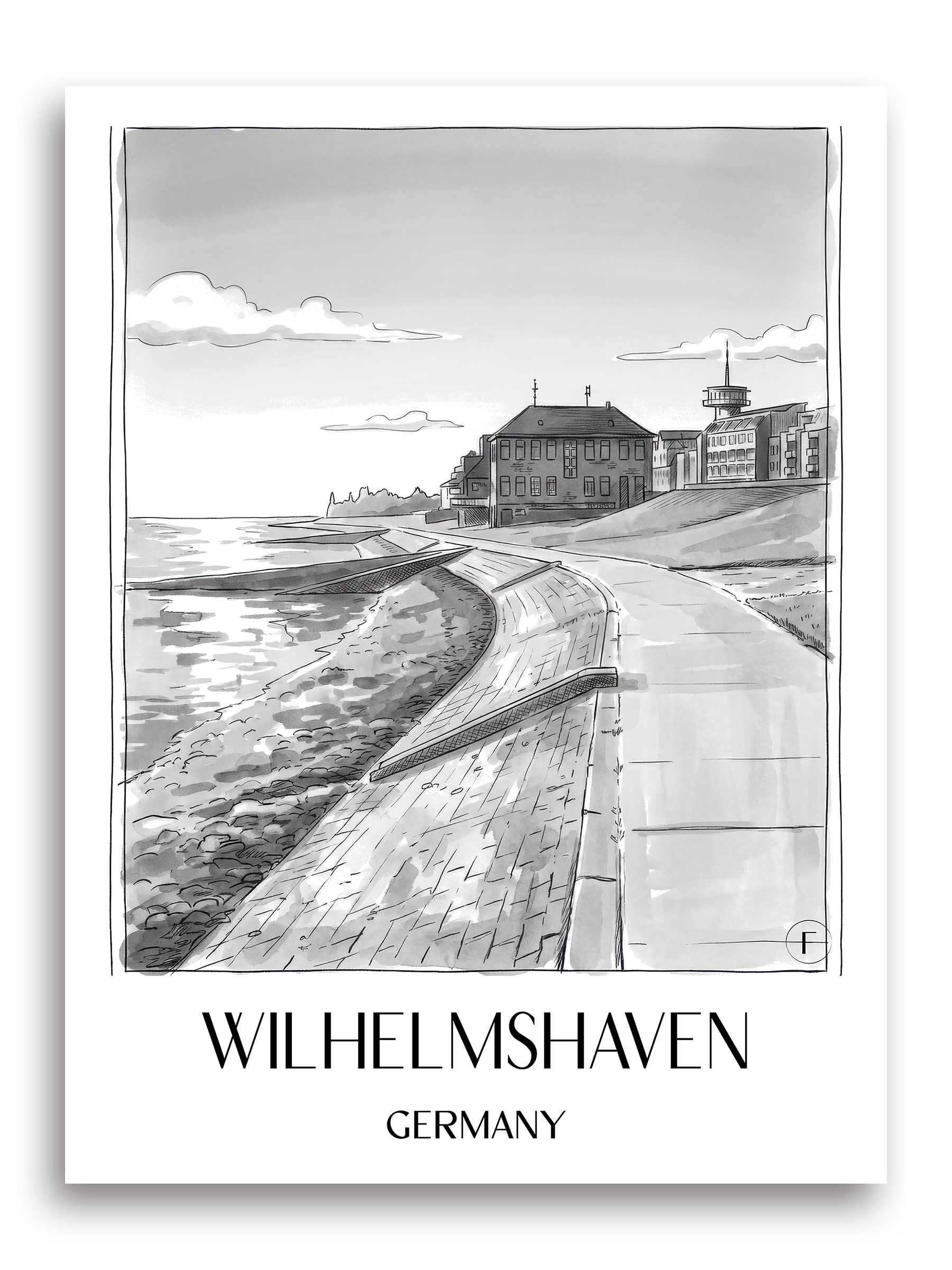 Wilhelmshaven Poster - Oldenburger Friesland - Deutschland Kunstdruck - Aquarell Schwarz-Weiß von A4 bis A1