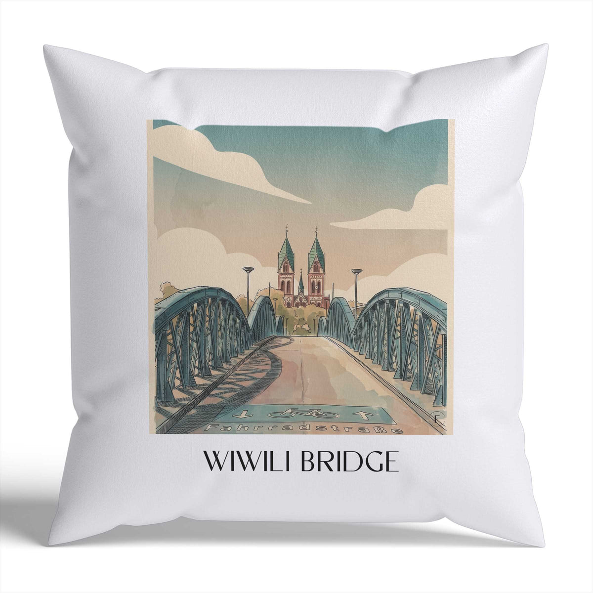 Wiwili Brücke Kissenhülle - Zierkissen Bezug - Freiburg - Deutschland Kissen bzw. Kissenbezug im Aquarell Stil - favplace