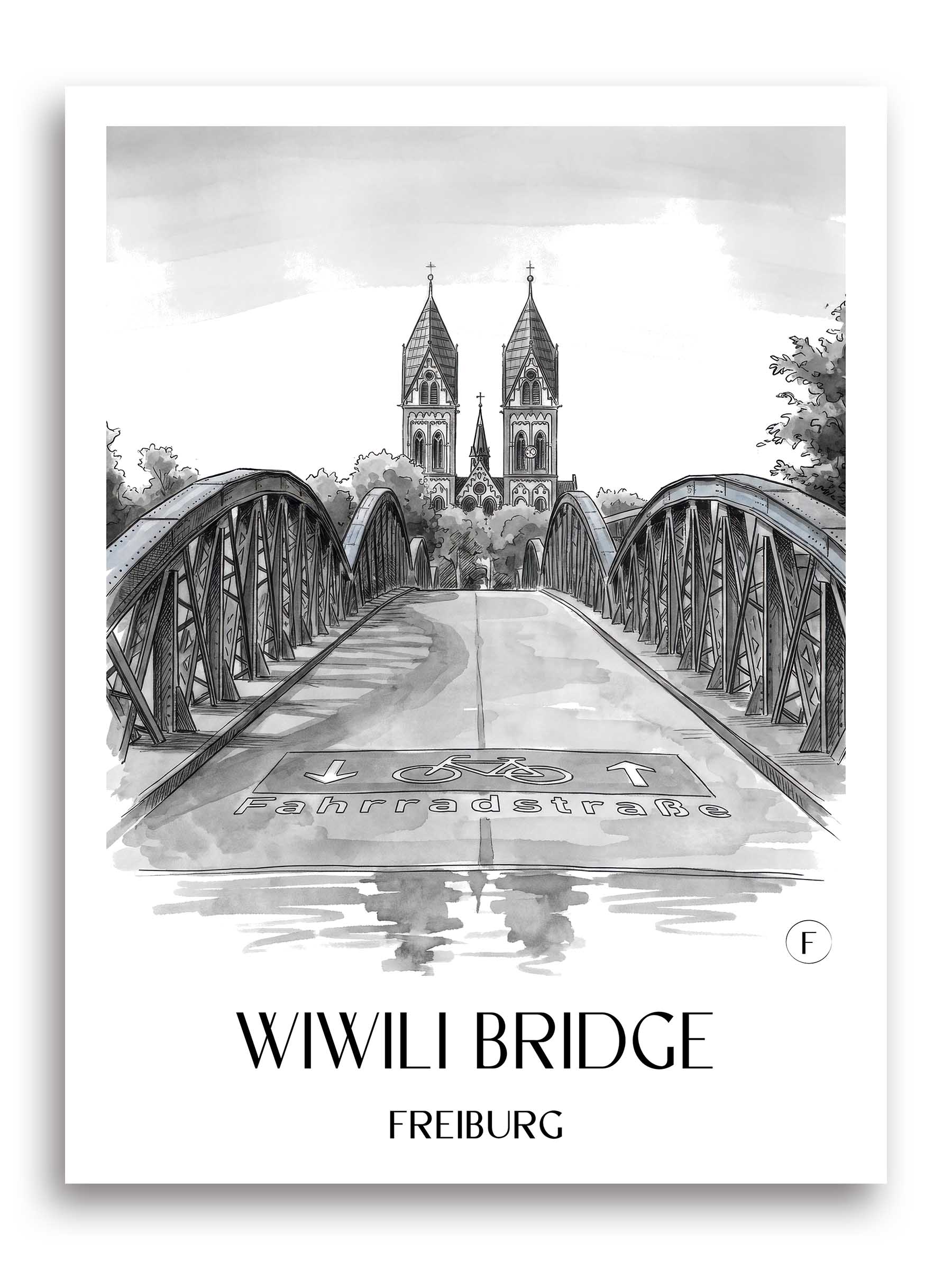 Wiwili Brücke Poster - Freiburg - Deutschland Kunstdruck - Aquarell Schwarz-Weiß von A4 bis A1 - favplace