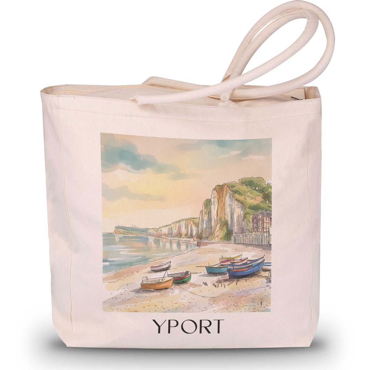 yport-côte-d'albâtre-frankreich-einkaufstasche-aquarell