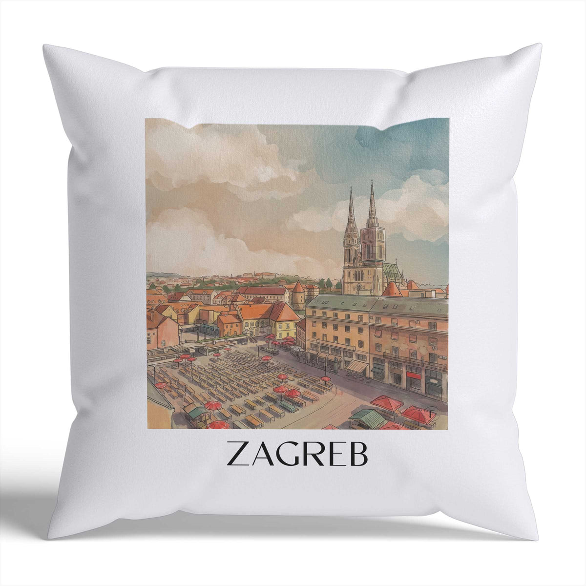 Zagreb Kissenhülle - Zierkissen Bezug - Kroatien - Kroatien Kissen bzw. Kissenbezug im Aquarell Stil - favplace