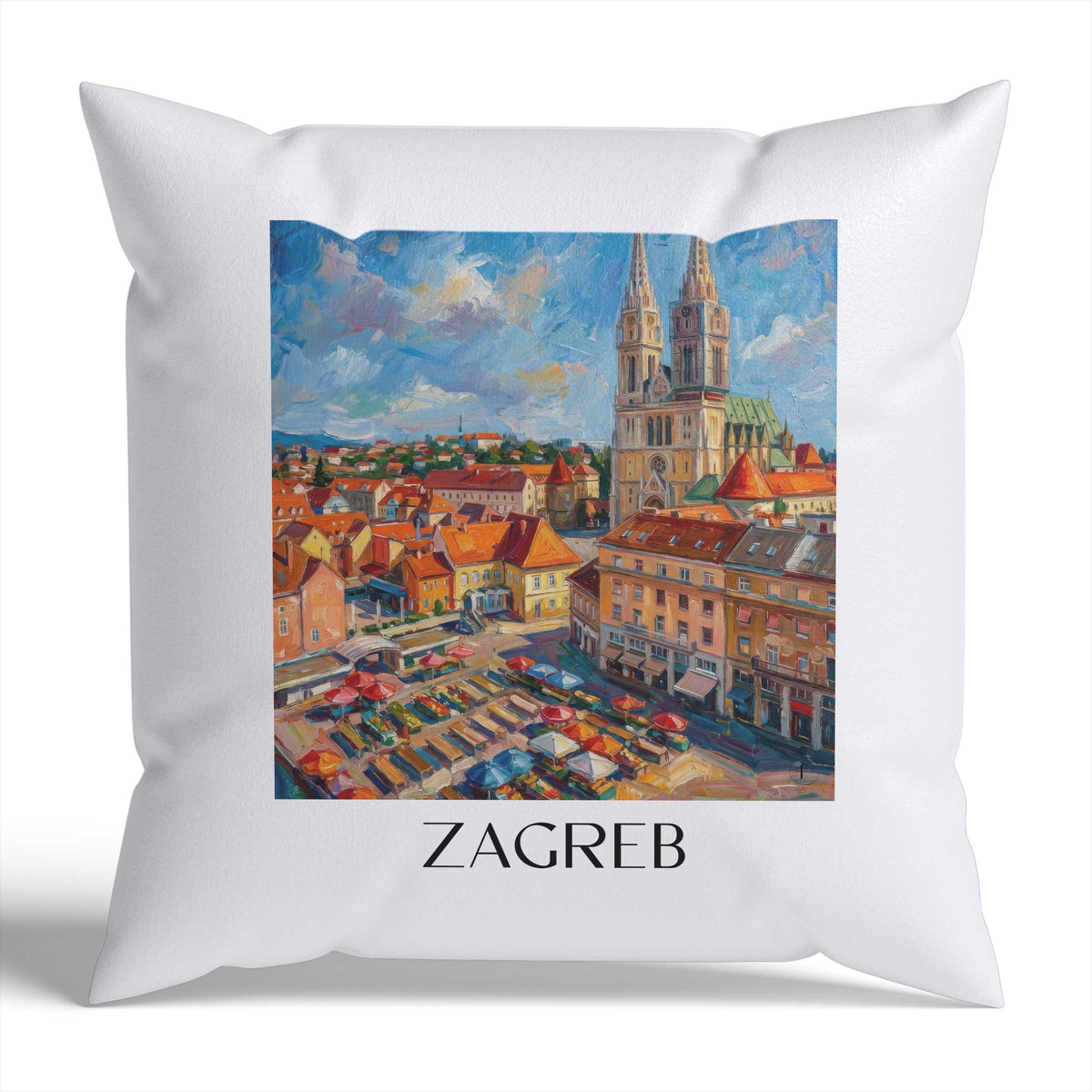 Zagreb Kissenhülle - Zierkissen Bezug - Kroatien - Kroatien Kissen bzw. Kissenbezug im Ölgemälde Stil - favplace