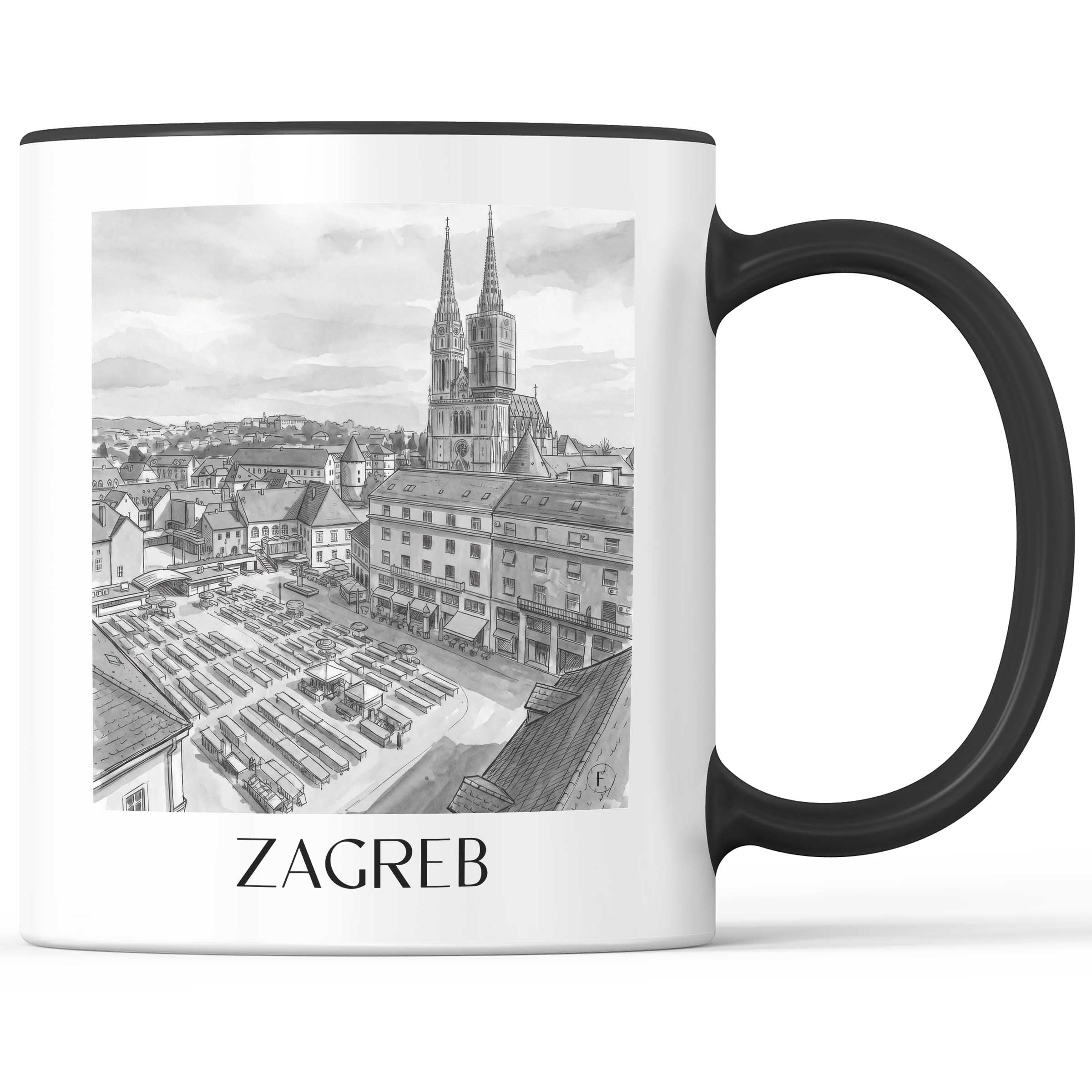 Zagreb - Kroatien Becher - Kaffeetasse im Aquarell Schwarz-Weiß Stil - favplace