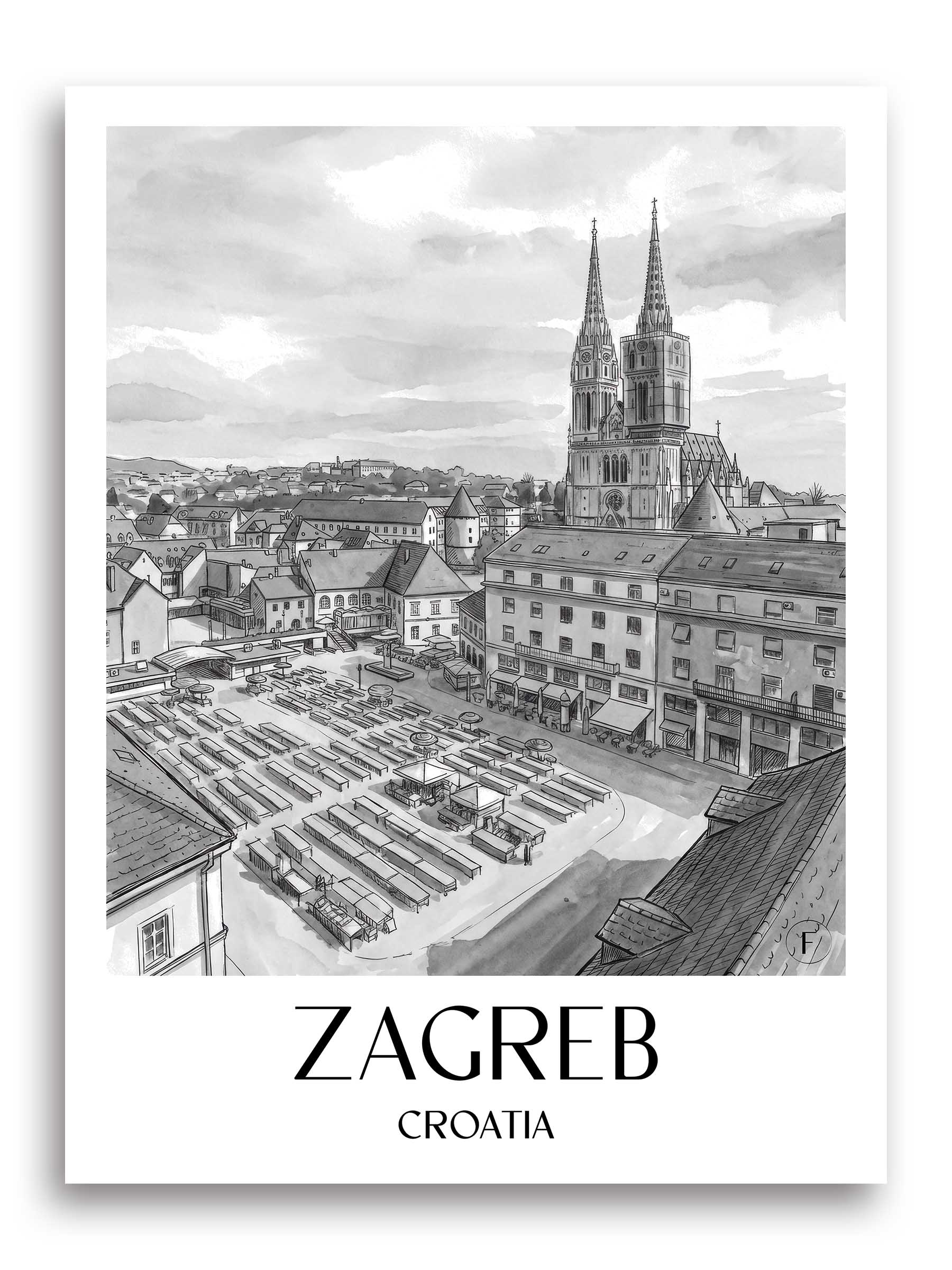 Zagreb Poster - - Kroatien Kunstdruck - Aquarell Schwarz-Weiß von A4 bis A1 - favplace