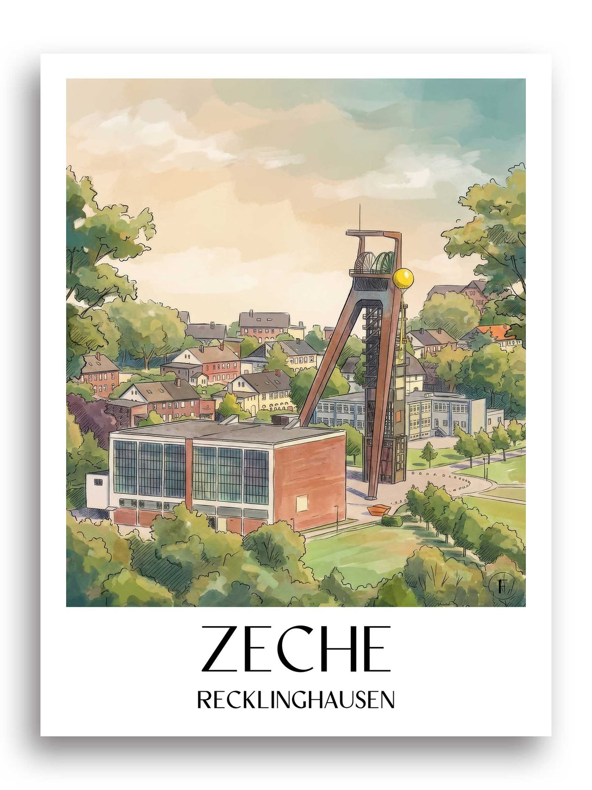 zeche-recklinghausen-deutschland-poster-aquarell