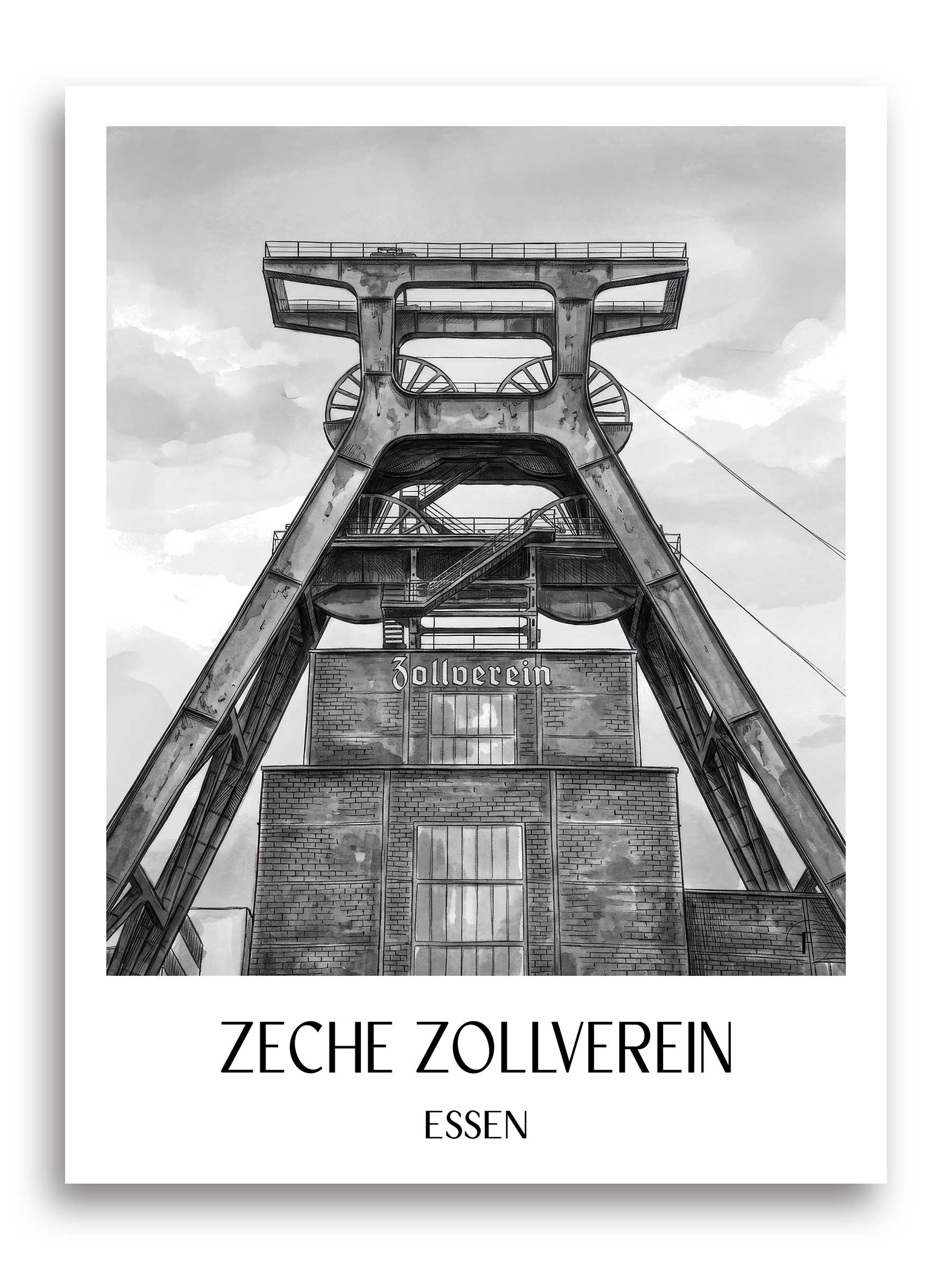 zeche-zollverein-essen-deutschland-poster-aquarell-schwarz-weiss