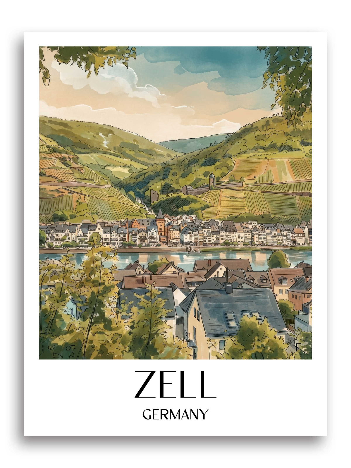 Zell Poster - Mosel - Deutschland Kunstdruck - Aquarell von A4 bis A1 - favplace