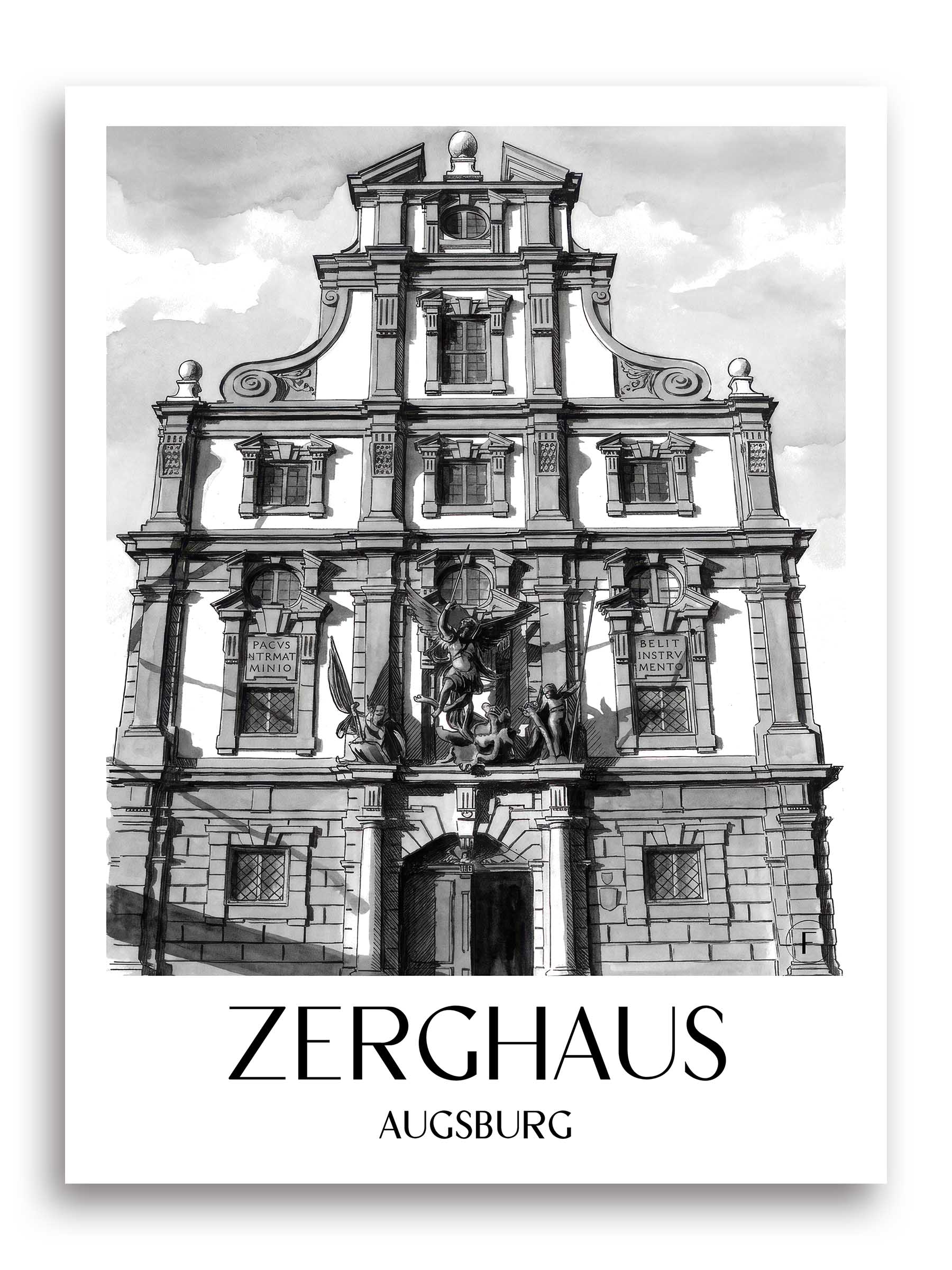zerghaus-augsburg-deutschland-poster-aquarell-schwarz-weiss