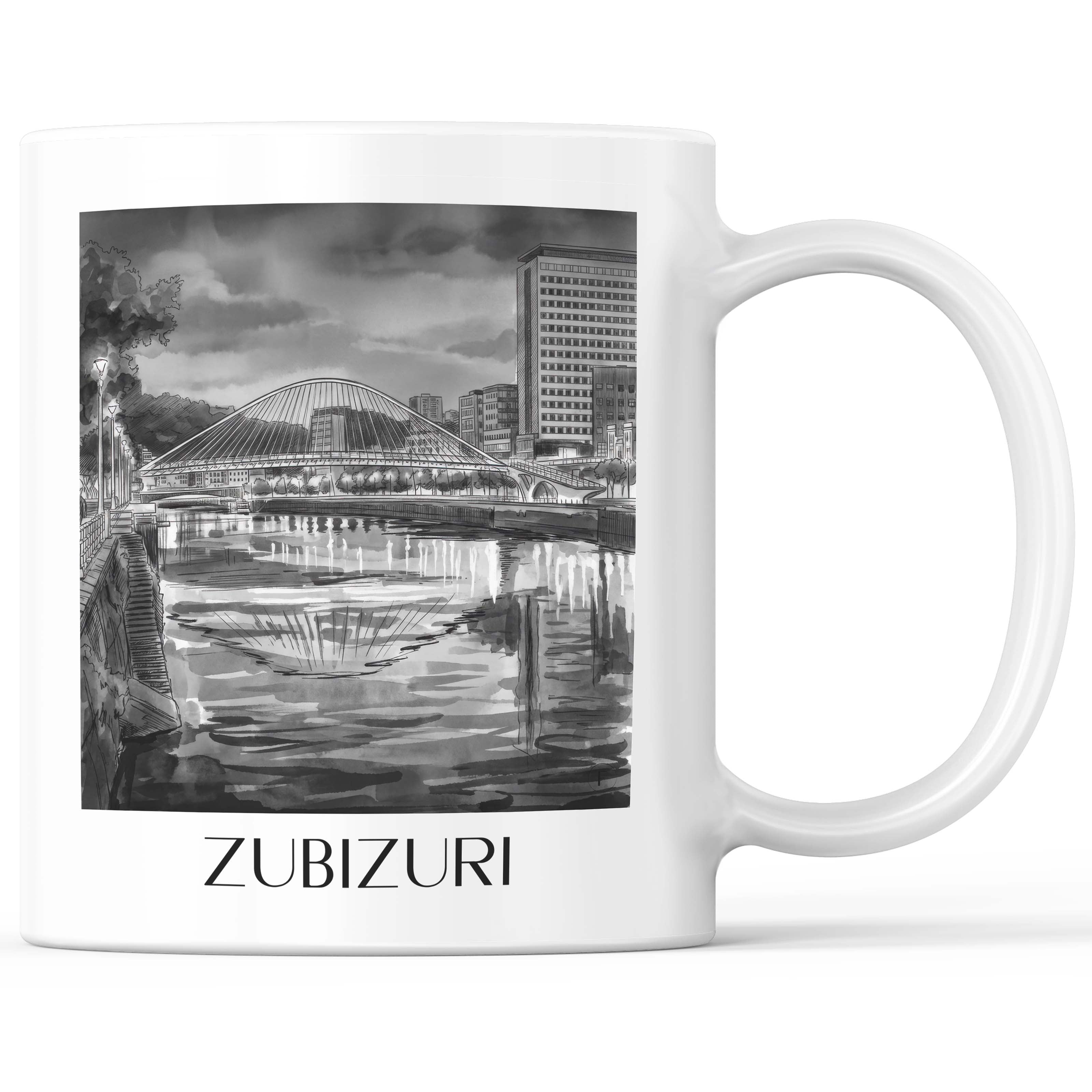 Zubizuri Kaffeebecher - Bilbao - Spanien Becher - Kaffeetasse im Aquarell Schwarz-Weiß Stil - favplace