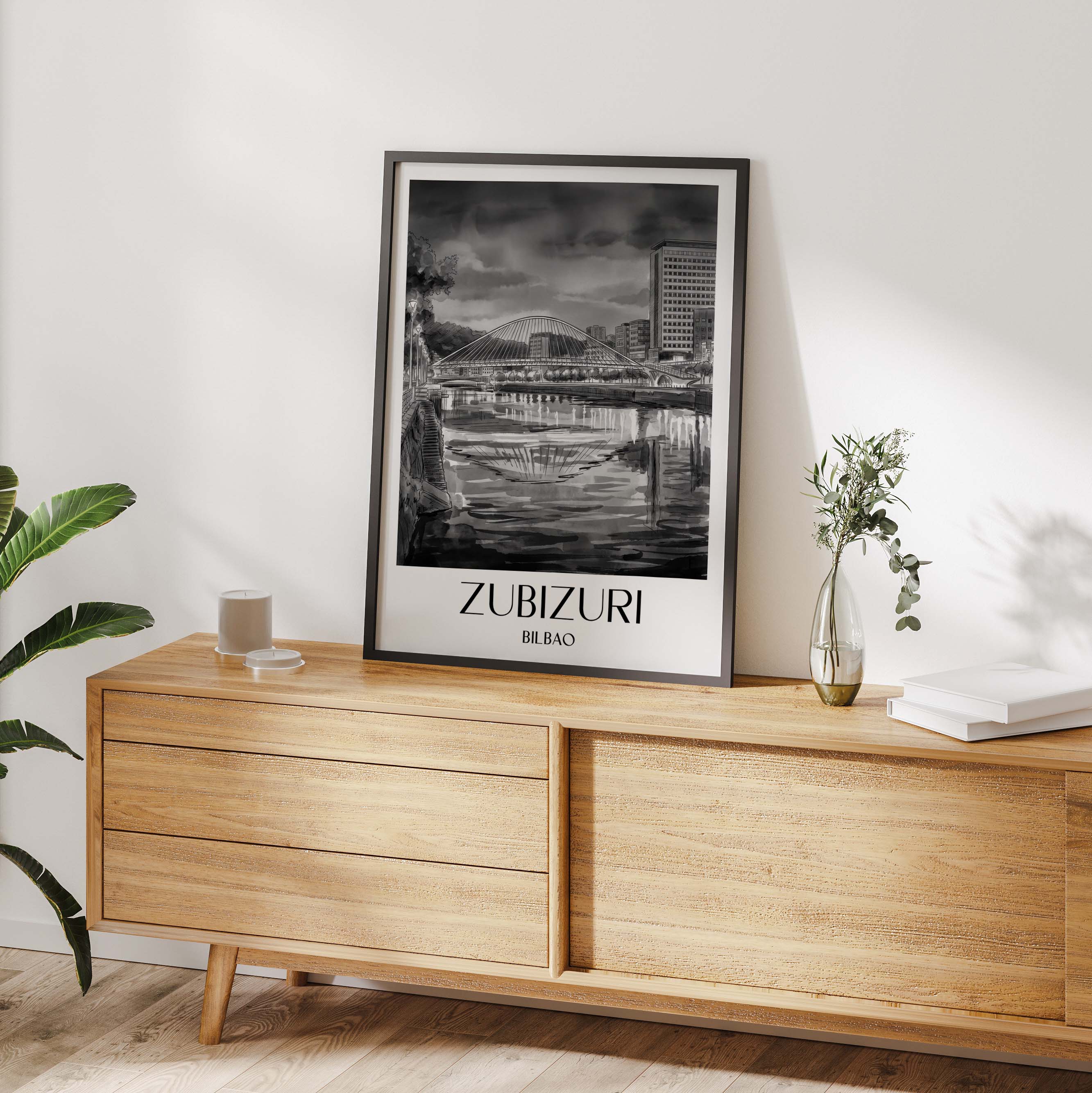 zubizuri-bilbao-spanien-poster-aquarell-schwarz-weiss