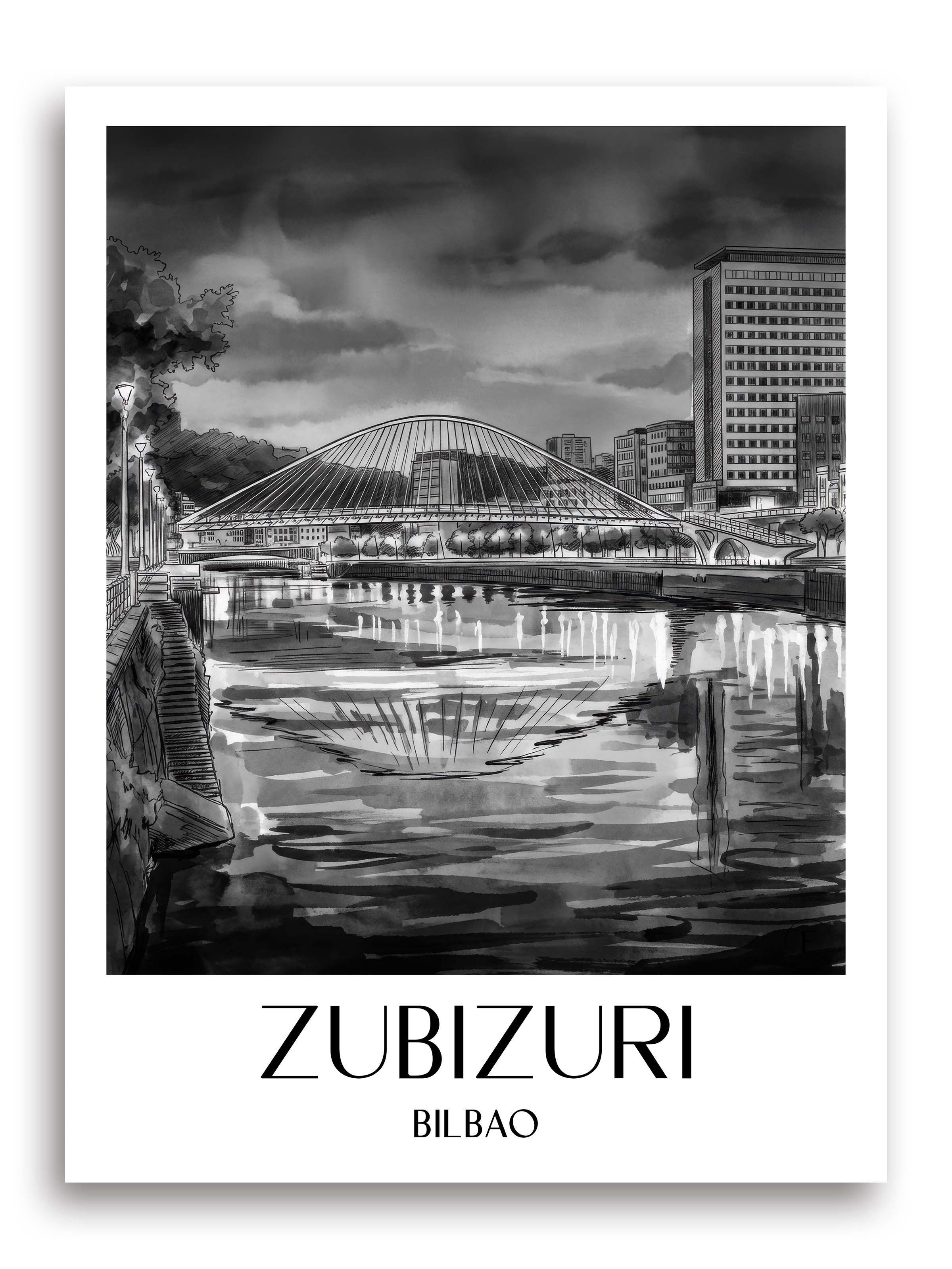 Zubizuri Poster - Bilbao - Spanien Kunstdruck - Aquarell Schwarz-Weiß von A4 bis A1 - favplace
