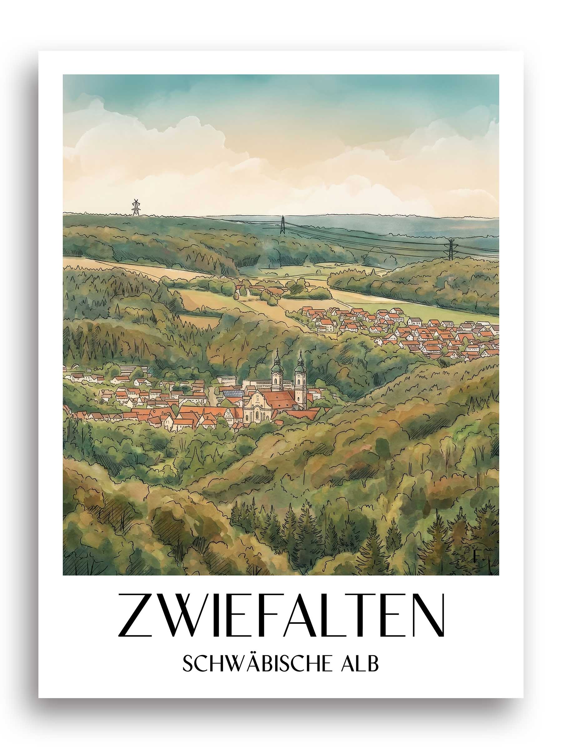 zwiefalten-schwäbische-alb-deutschland-poster-aquarell