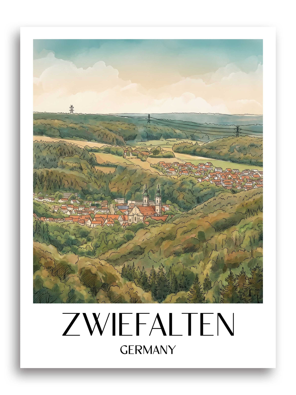 Zwiefalten Poster - Schwäbische Alb - Deutschland Kunstdruck - Aquarell von A4 bis A1 - favplace
