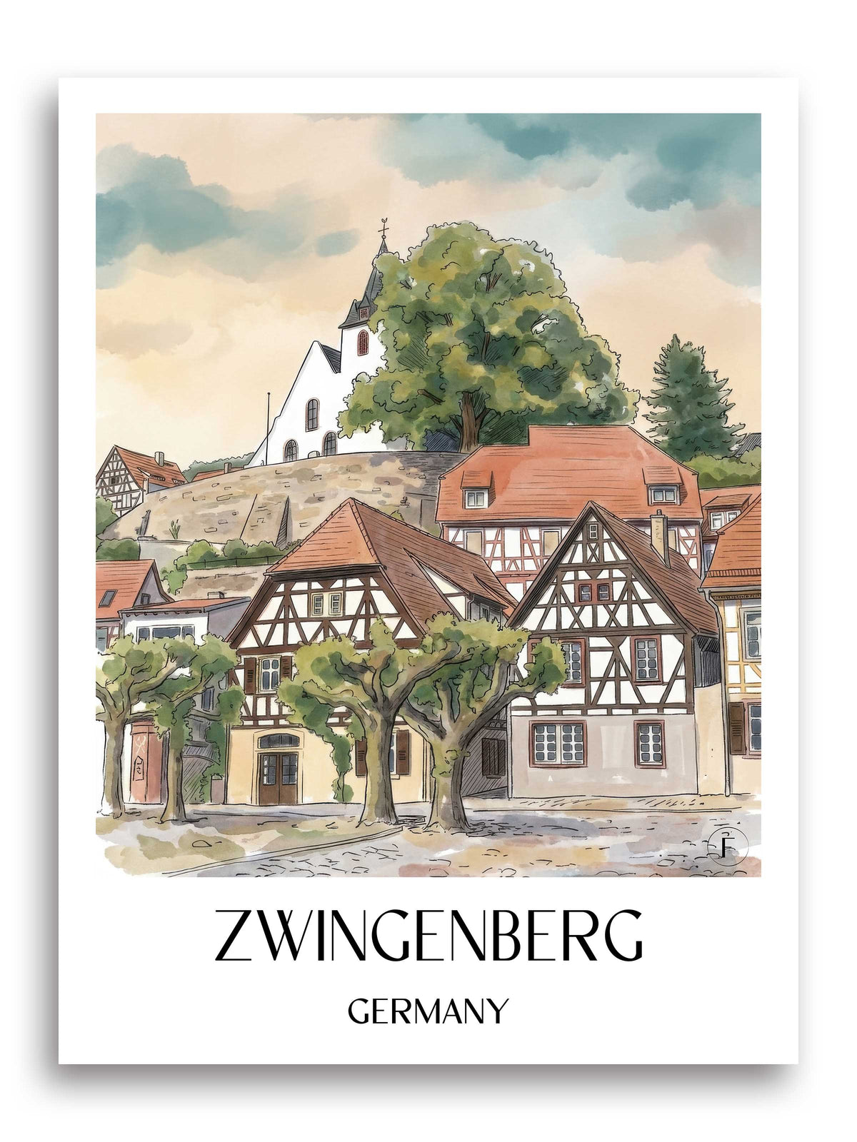 Zwingenberg Poster - Bergstraße - Deutschland Kunstdruck - Aquarell von A4 bis A1 - favplace