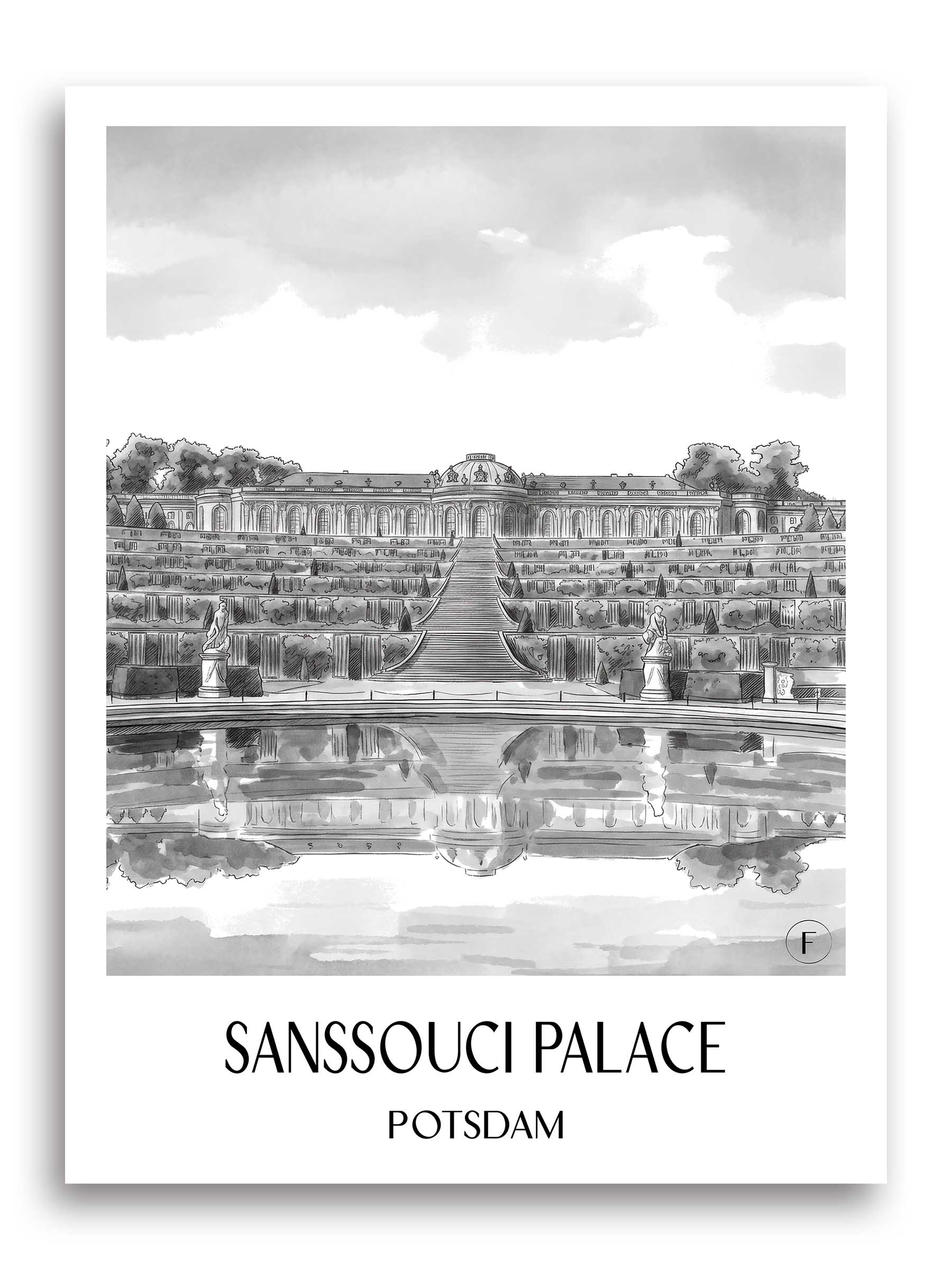 Schloss Sanssouci Poster - Potsdam - Deutschland Kunstdruck - Aquarell Schwarz-Weiß von A4 bis A1