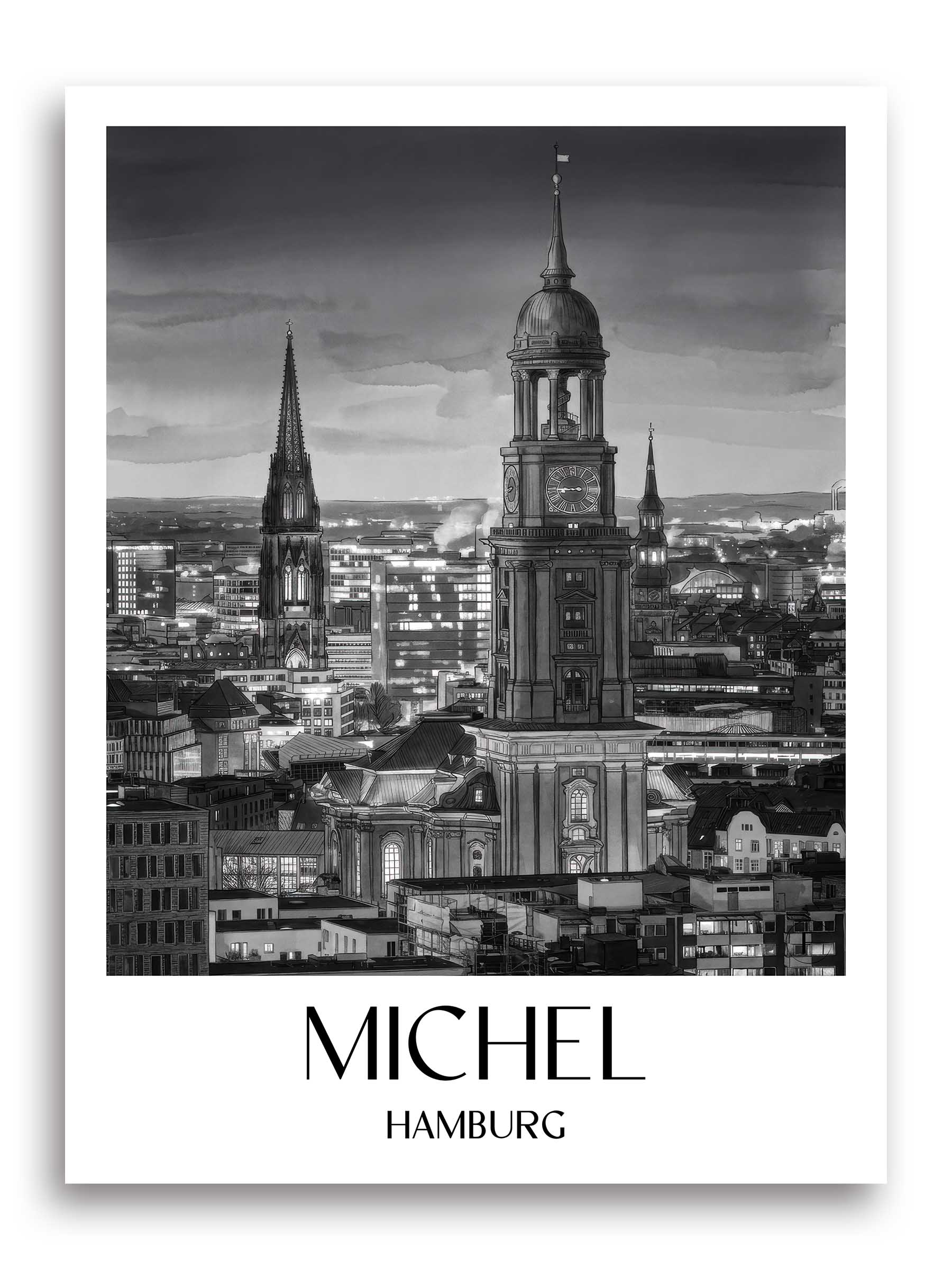 Michel Poster - Hamburg - Deutschland Kunstdruck - Aquarell Schwarz-Weiß von A4 bis A1