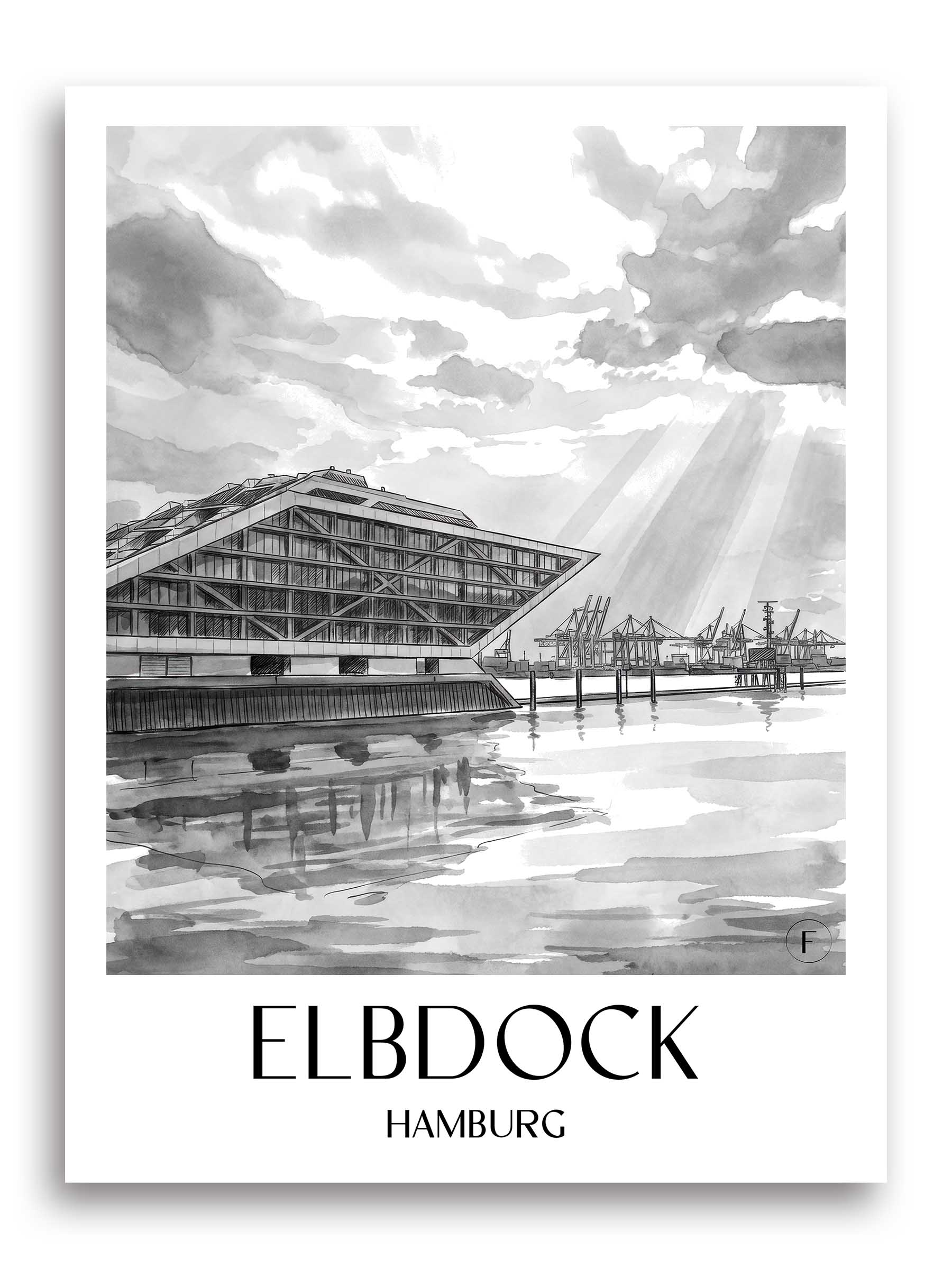 Elbdock Poster - Hamburg - Deutschland Kunstdruck - Aquarell Schwarz-Weiß von A4 bis A1