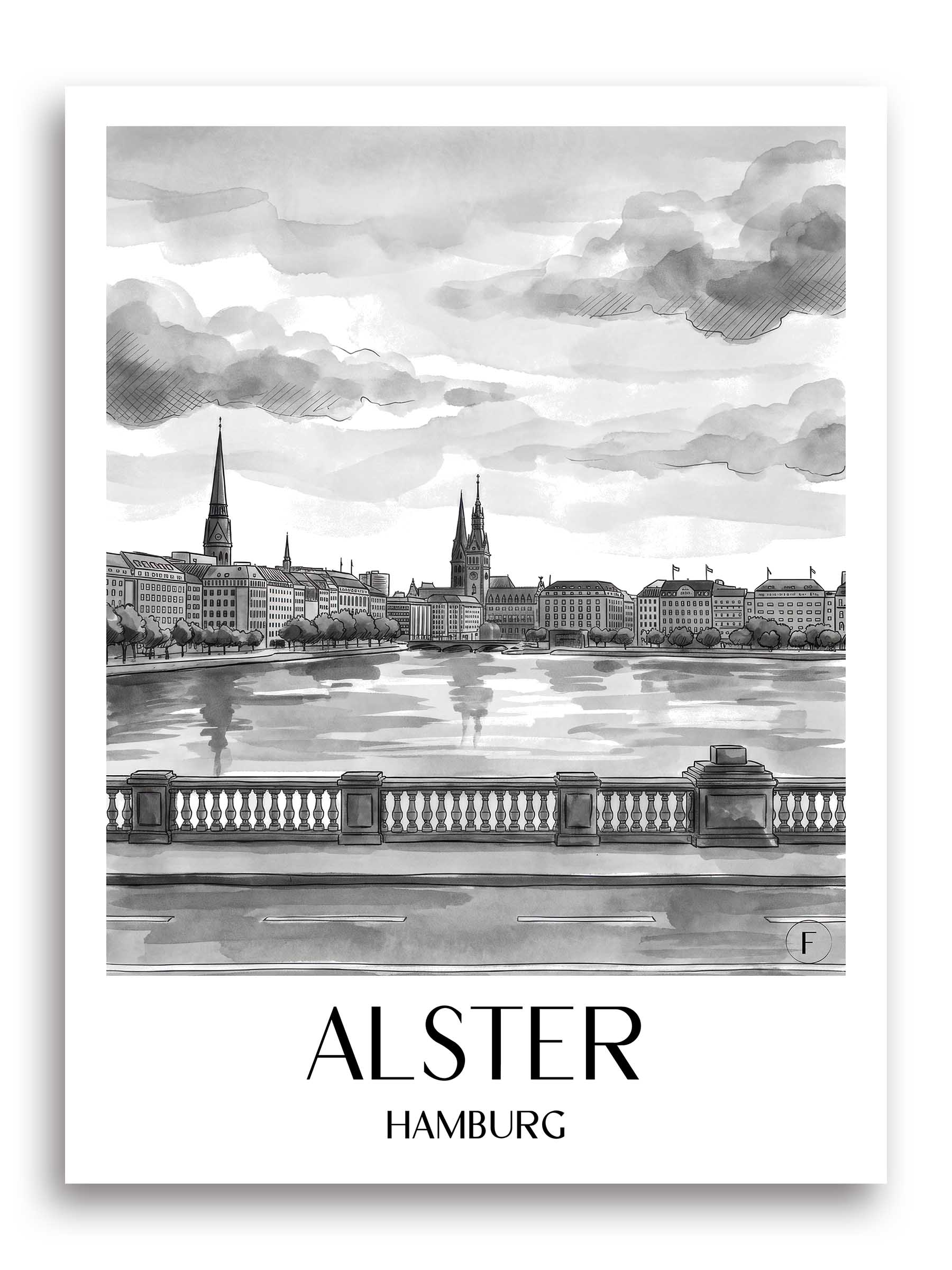alster-hamburg-deutschland-poster-aquarell-schwarz-weiss