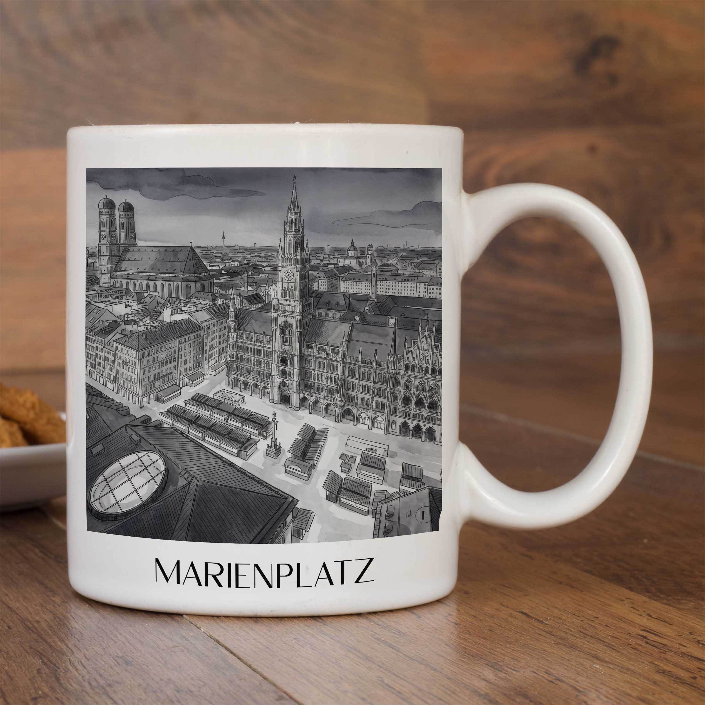 marienplatz-münchen-deutschland-kaffeebecher-aquarell-schwarz-weiss