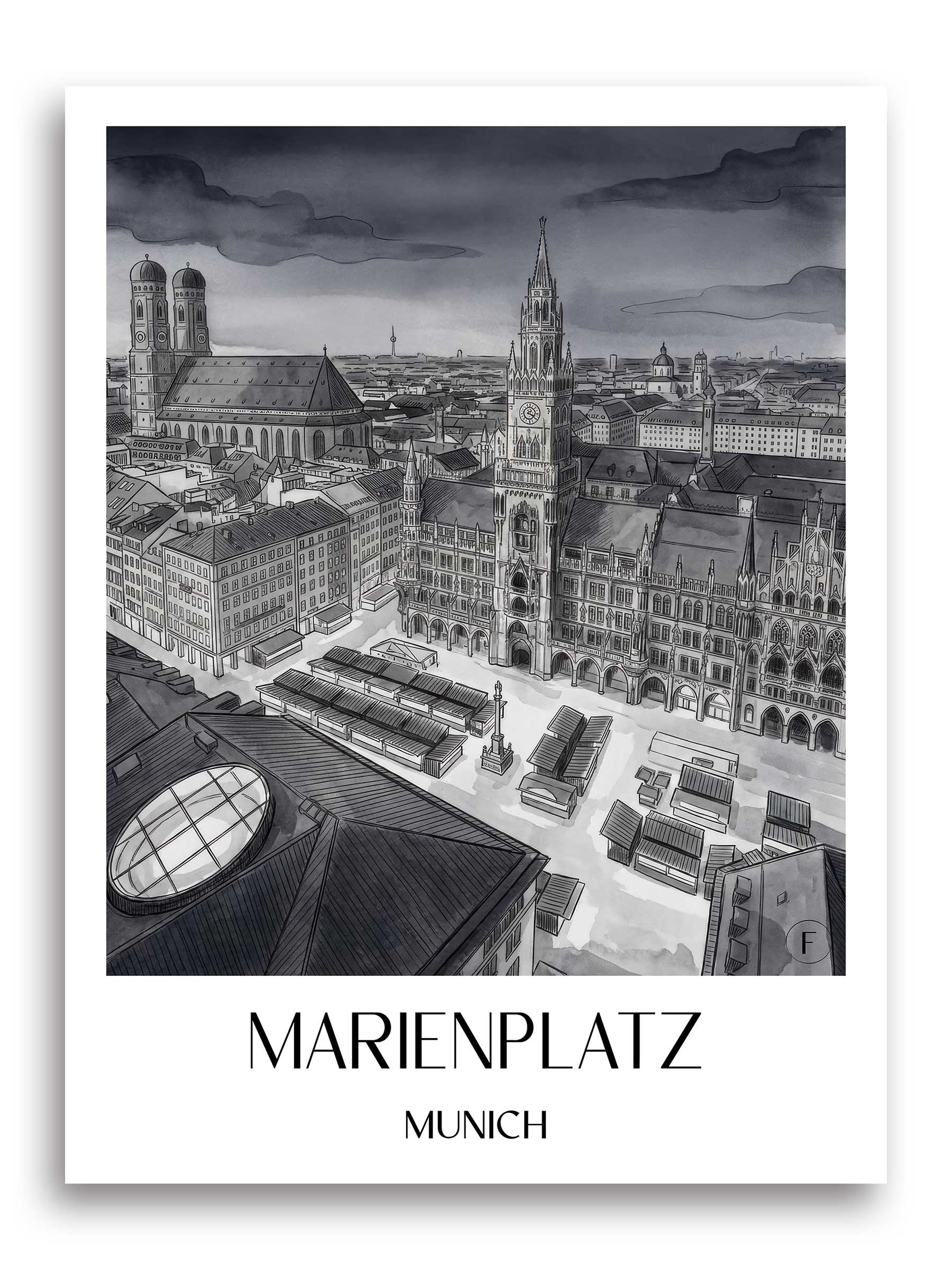 Marienplatz Poster - München - Deutschland Kunstdruck - Aquarell Schwarz-Weiß von A4 bis A1