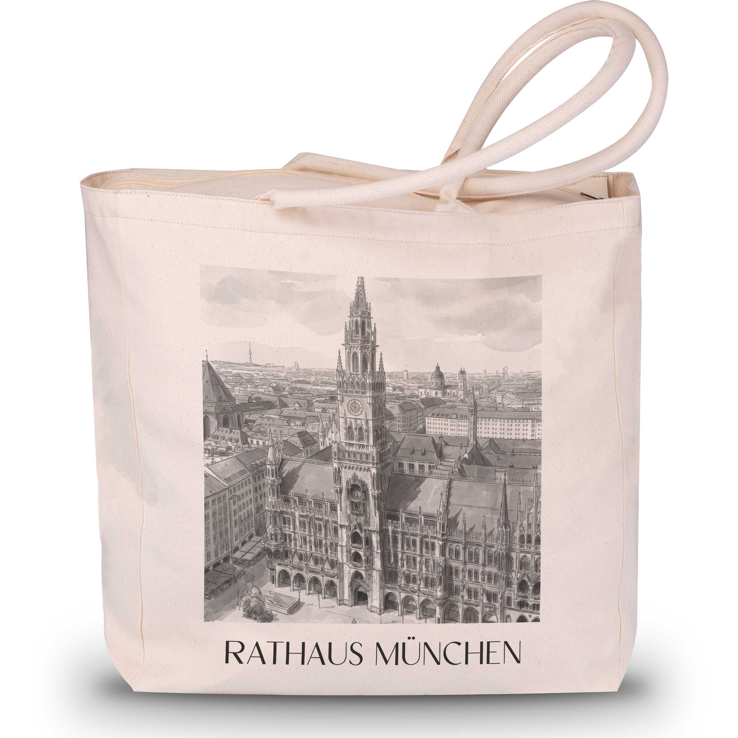 rathaus-münchen-deutschland-einkaufstasche-aquarell-schwarz-weiss