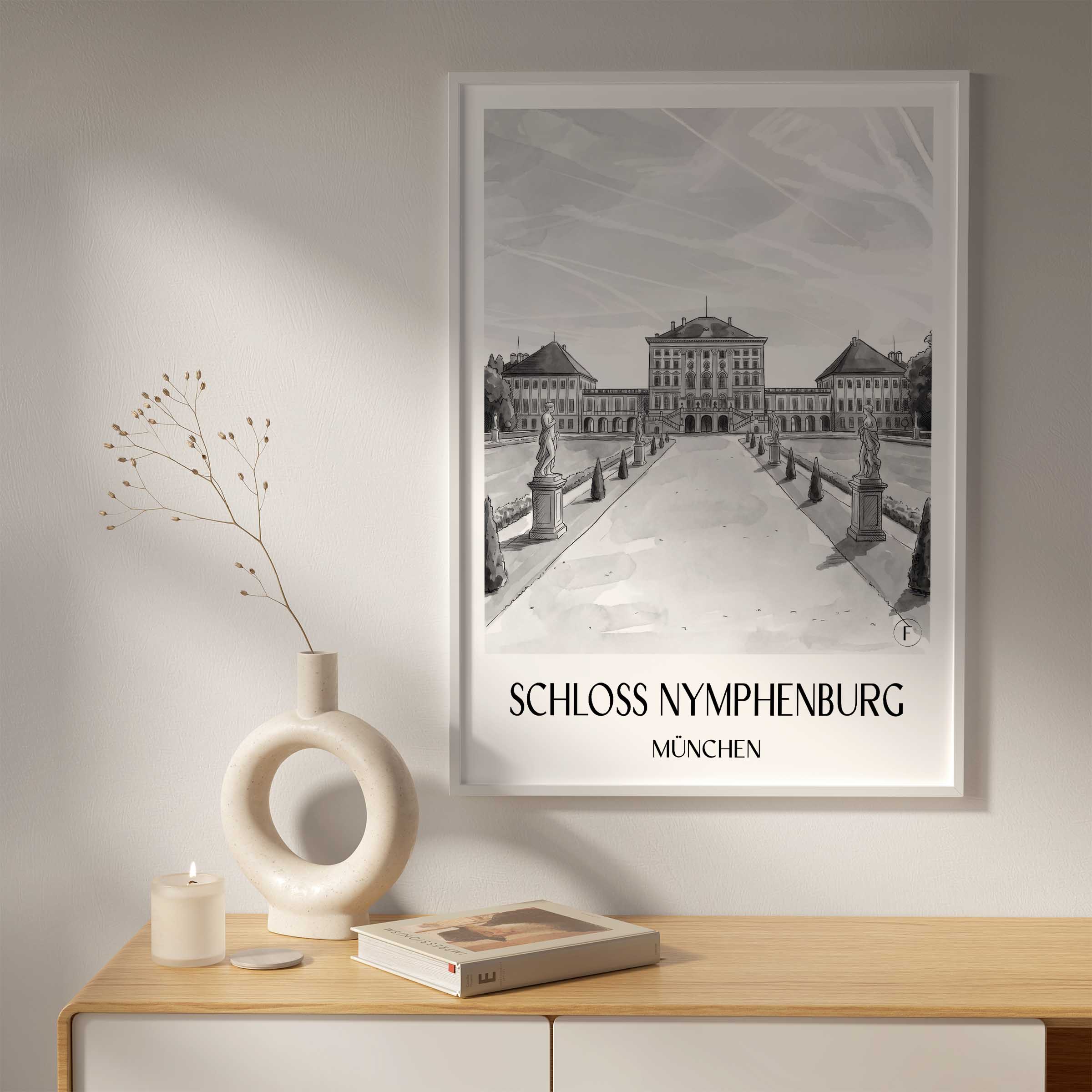 schloss-nymphenburg-münchen-deutschland-poster-aquarell-schwarz-weiss