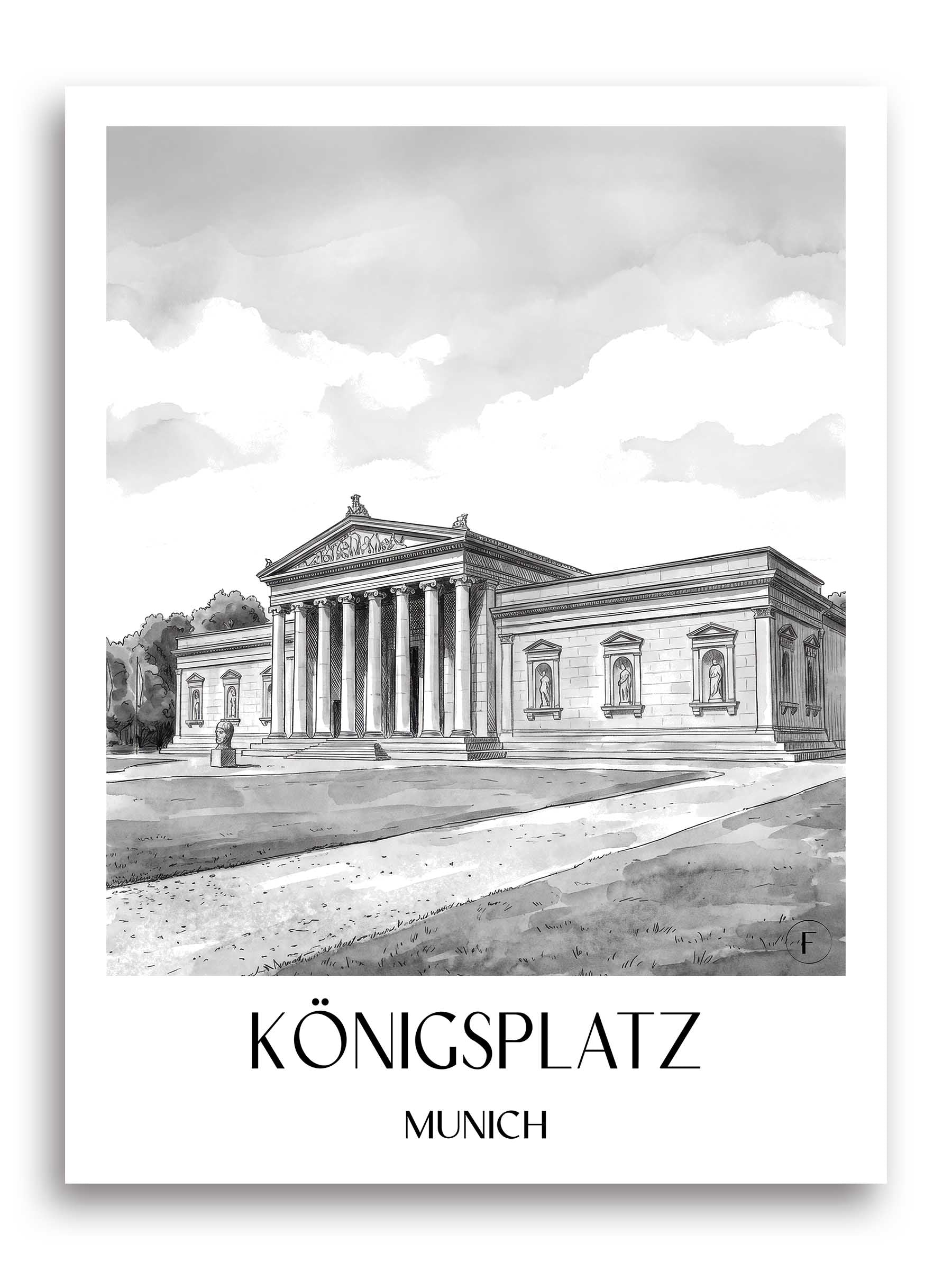 Königsplatz Poster - München - Deutschland Kunstdruck - Aquarell Schwarz-Weiß von A4 bis A1