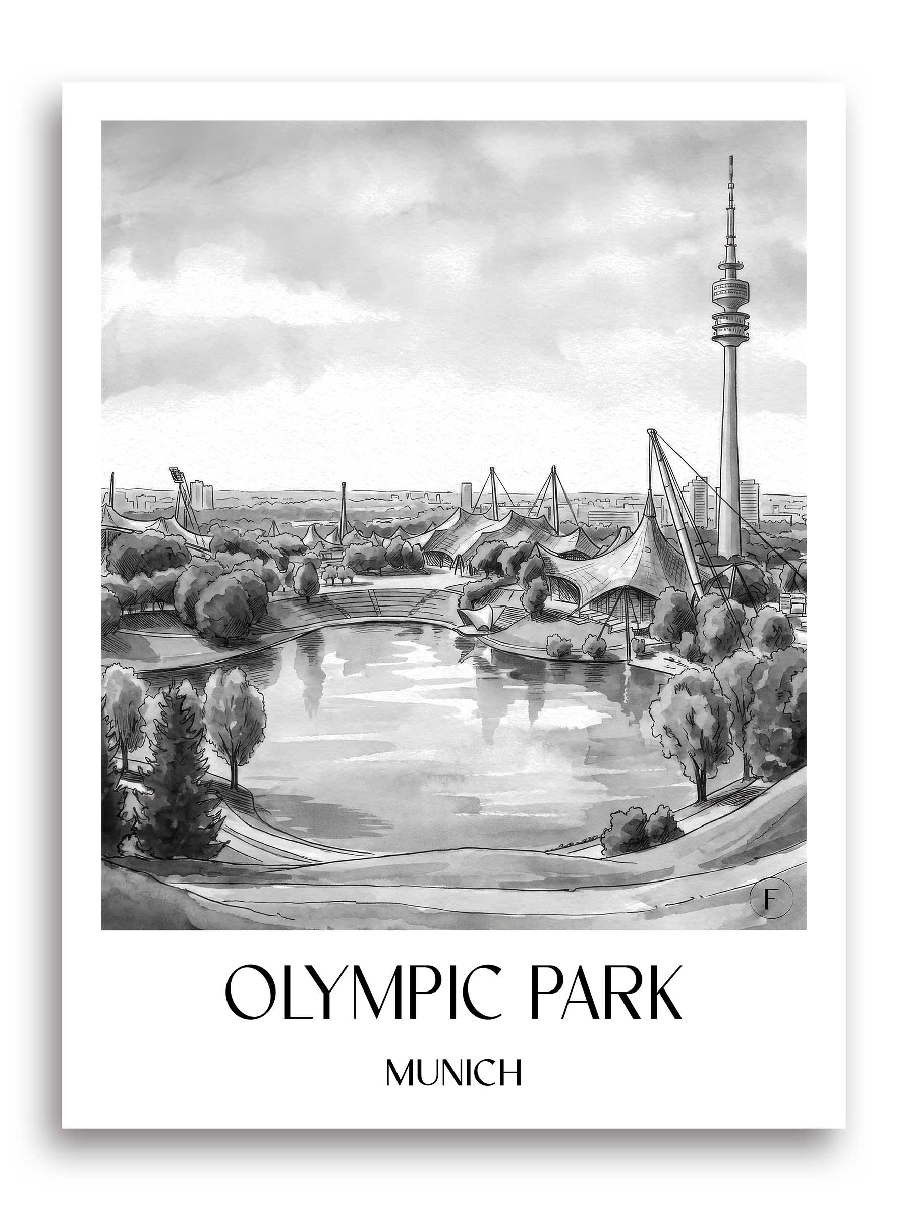 Olympiapark Poster - München - Deutschland Kunstdruck - Aquarell Schwarz-Weiß von A4 bis A1