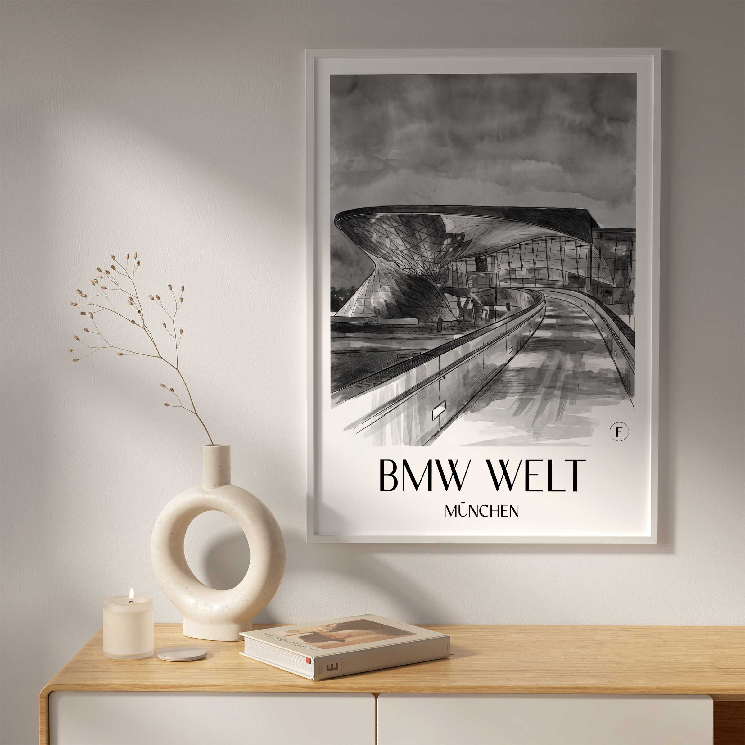 bmw-welt-münchen-deutschland-poster-aquarell-schwarz-weiss