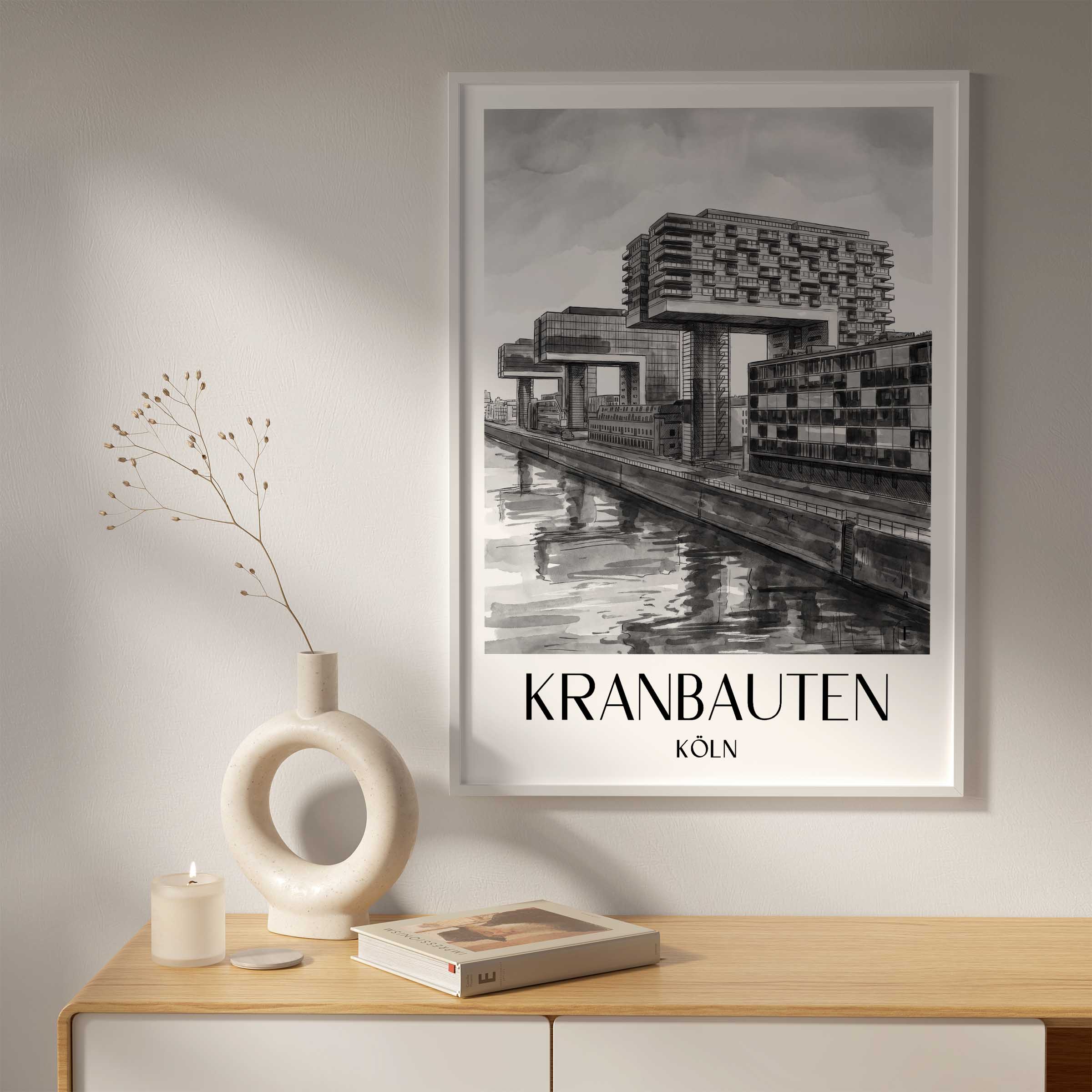 kranbauten-köln-deutschland-poster-aquarell-schwarz-weiss