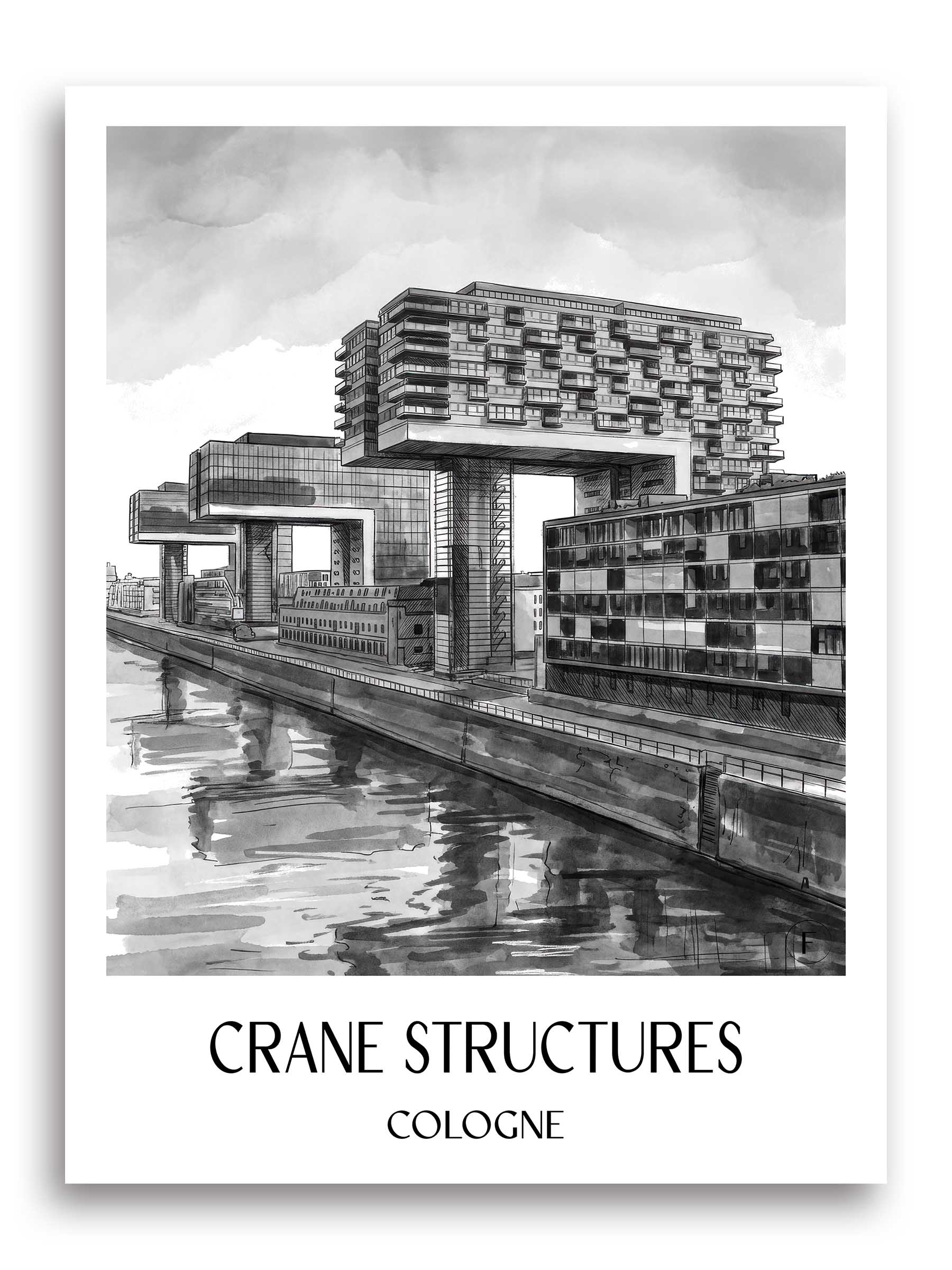 Kranbauten Poster - Köln - Deutschland Kunstdruck - Aquarell Schwarz-Weiß von A4 bis A1