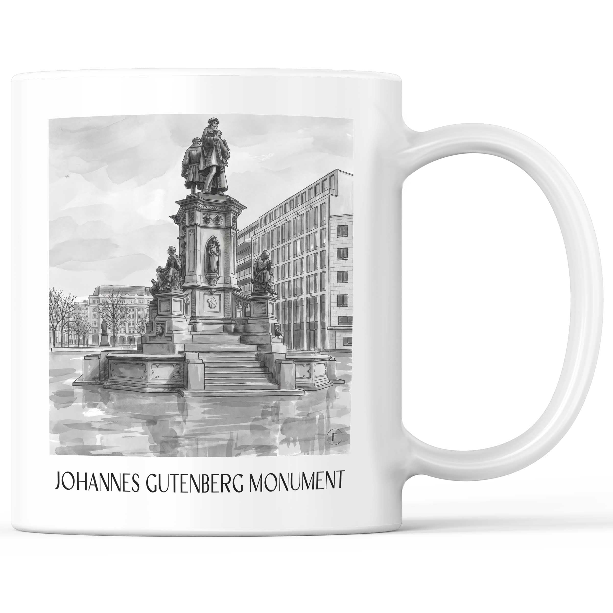 Johannes-Gutenberg-Denkmal Kaffeebecher - Frankfurt - Deutschland Becher - Kaffeetasse im Aquarell Schwarz-Weiß Stil
