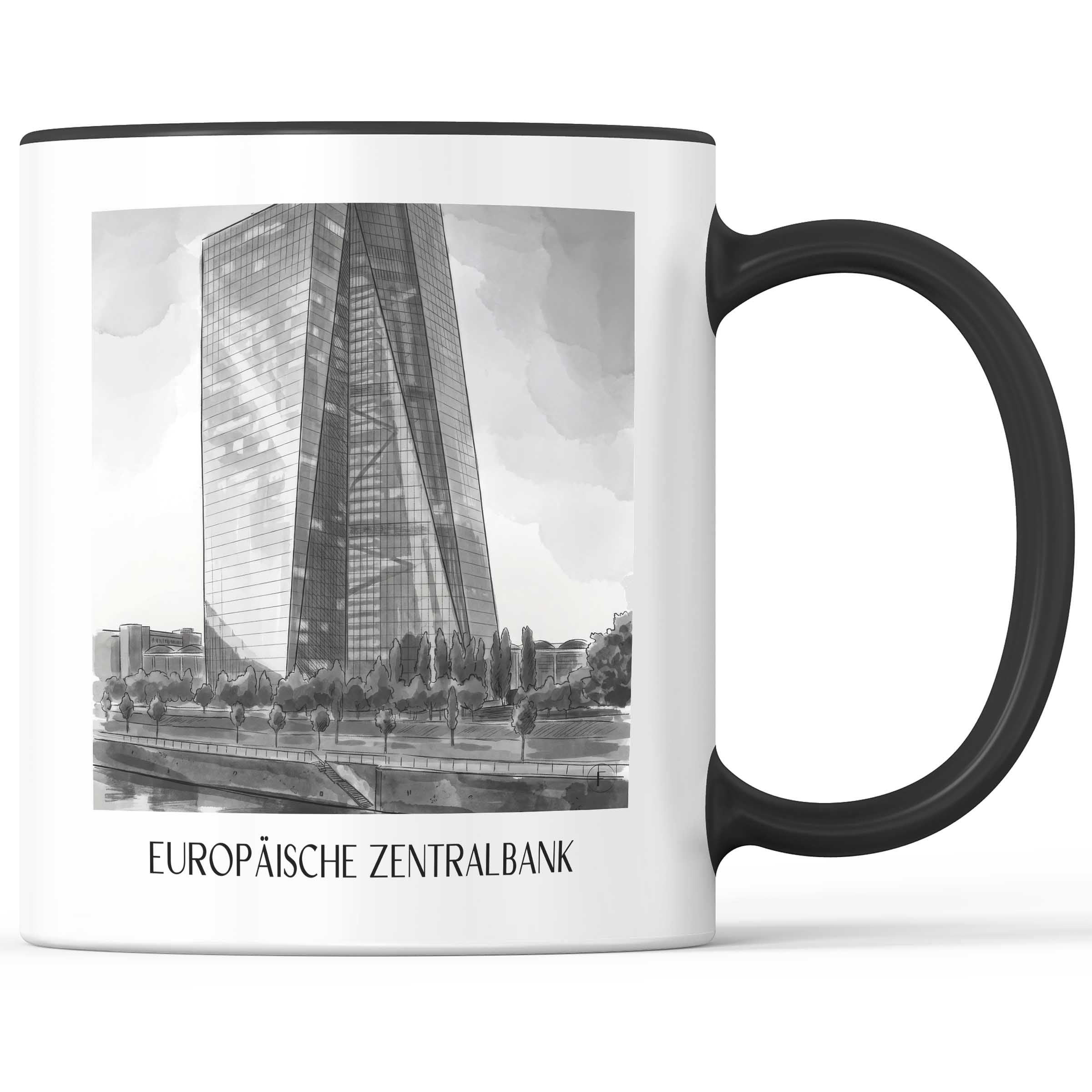 europäische-zentralbank-frankfurt-deutschland-kaffeebecher-aquarell-schwarz-weiss